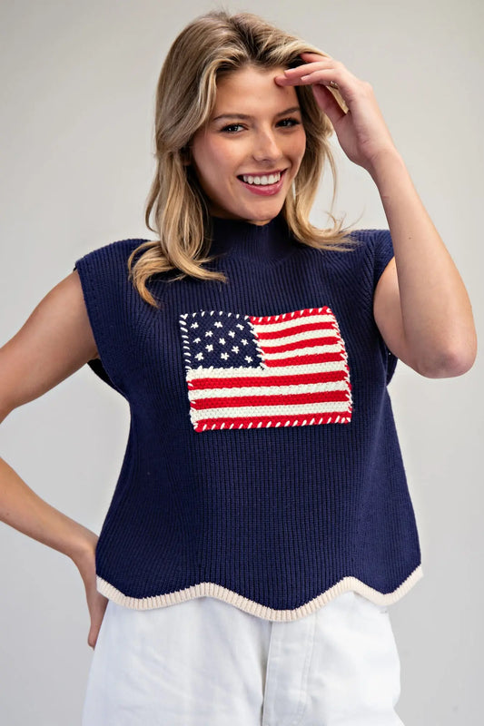 American Flag Scalloped Hem Knit Top- Navy