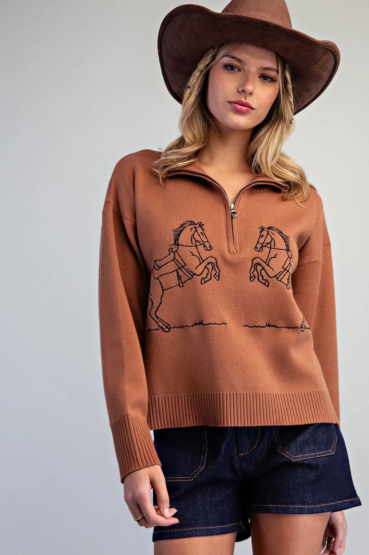 Brown Sugar 2 Horse Embroidered Sweater
