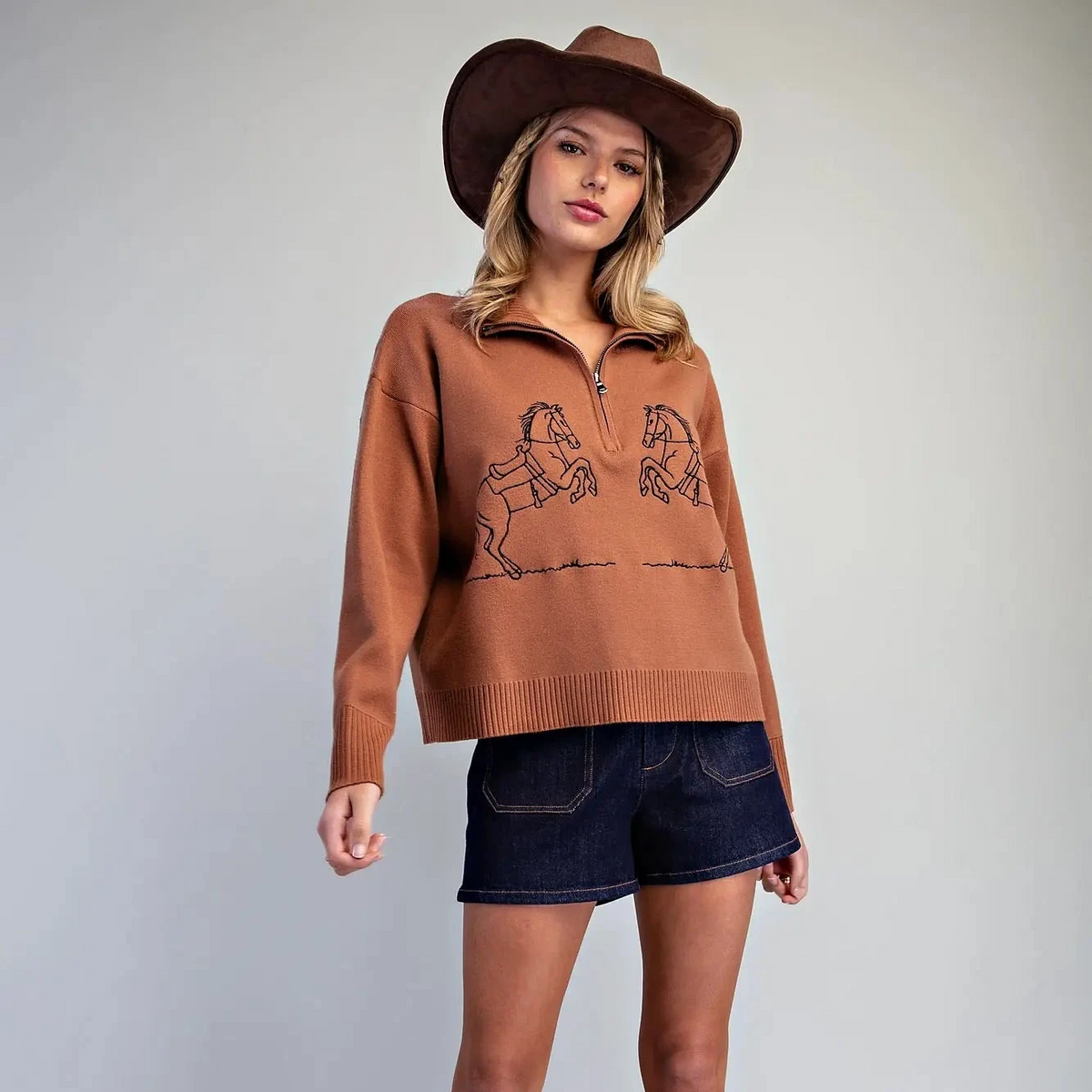 Brown Sugar 2 Horse Embroidered Sweater