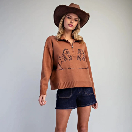 Brown Sugar 2 Horse Embroidered Sweater