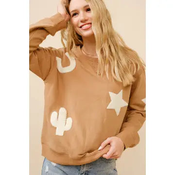 Tan Western Textured Patchwork Sweatshirt