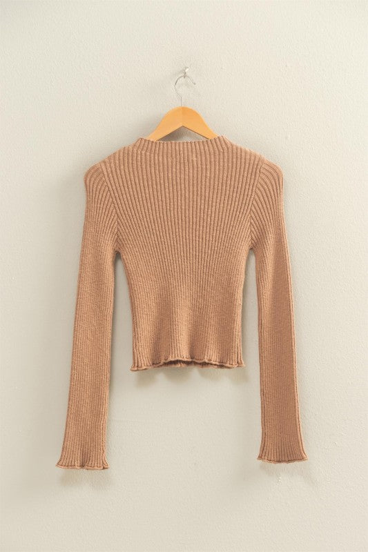 Dark Taupe Mock Neck Ribbed Top