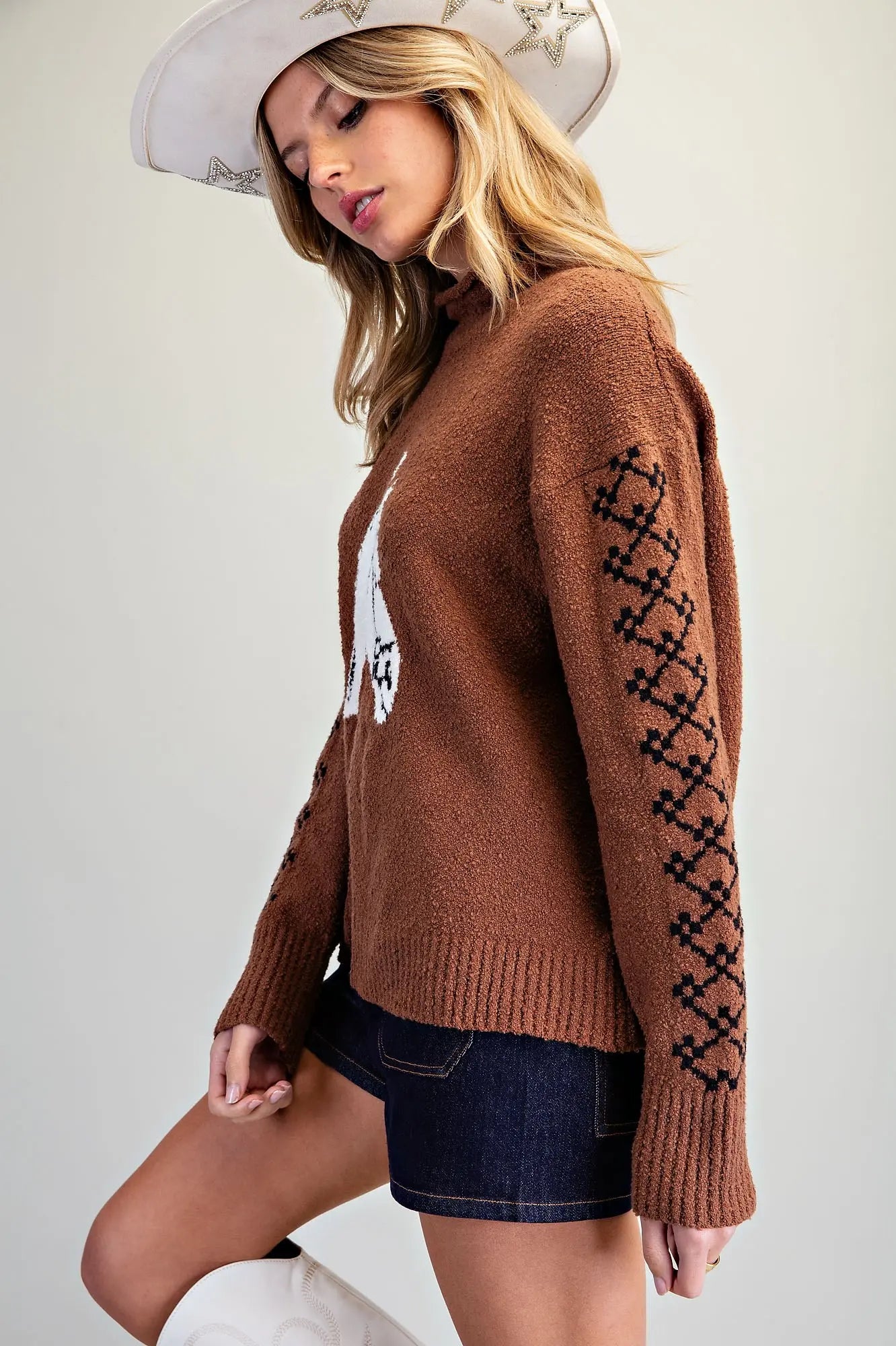 Horse Head Rolled Mock Neck Sweater- Brown Sugar
