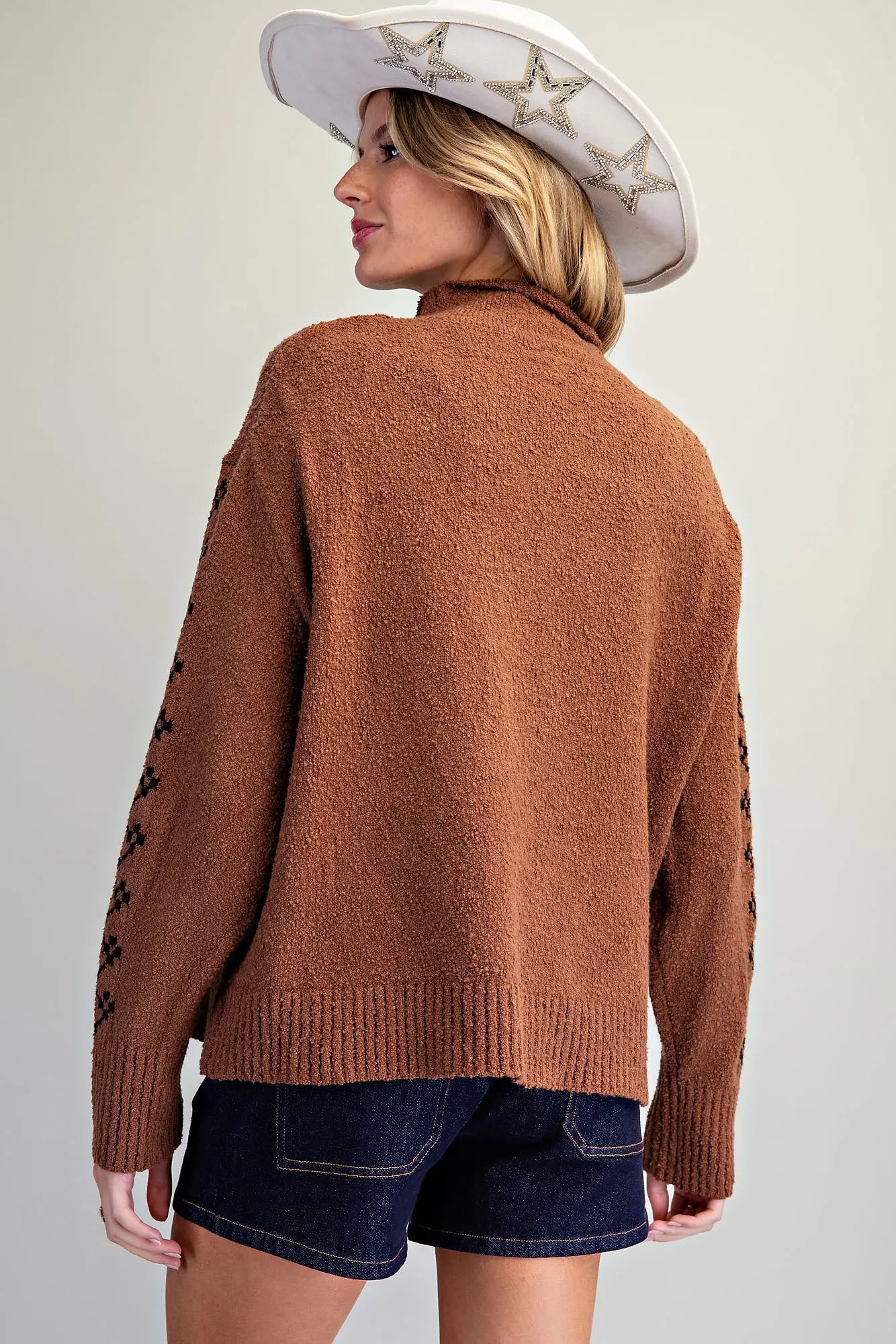 Horse Head Rolled Mock Neck Sweater- Brown Sugar