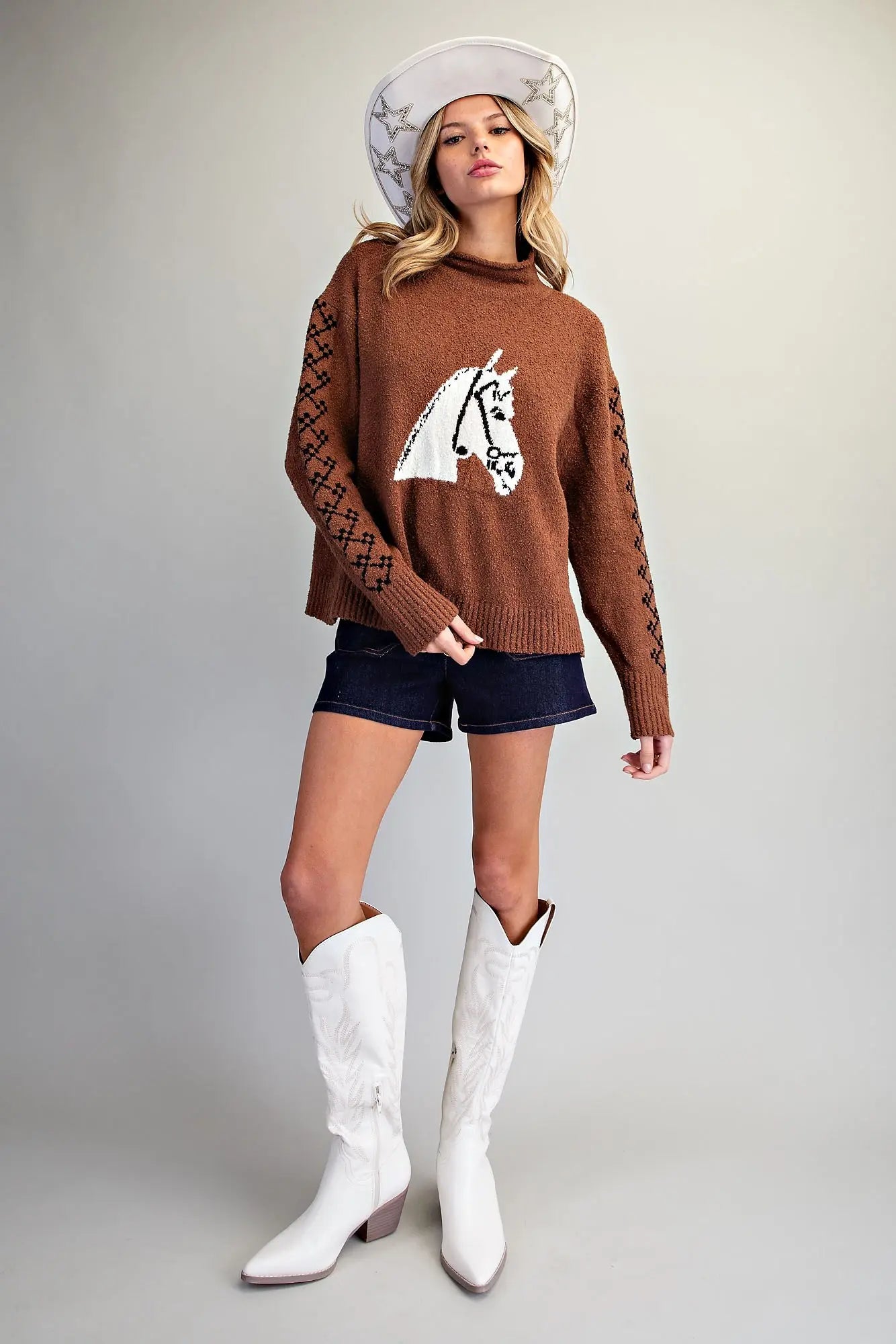 Horse Head Rolled Mock Neck Sweater- Brown Sugar
