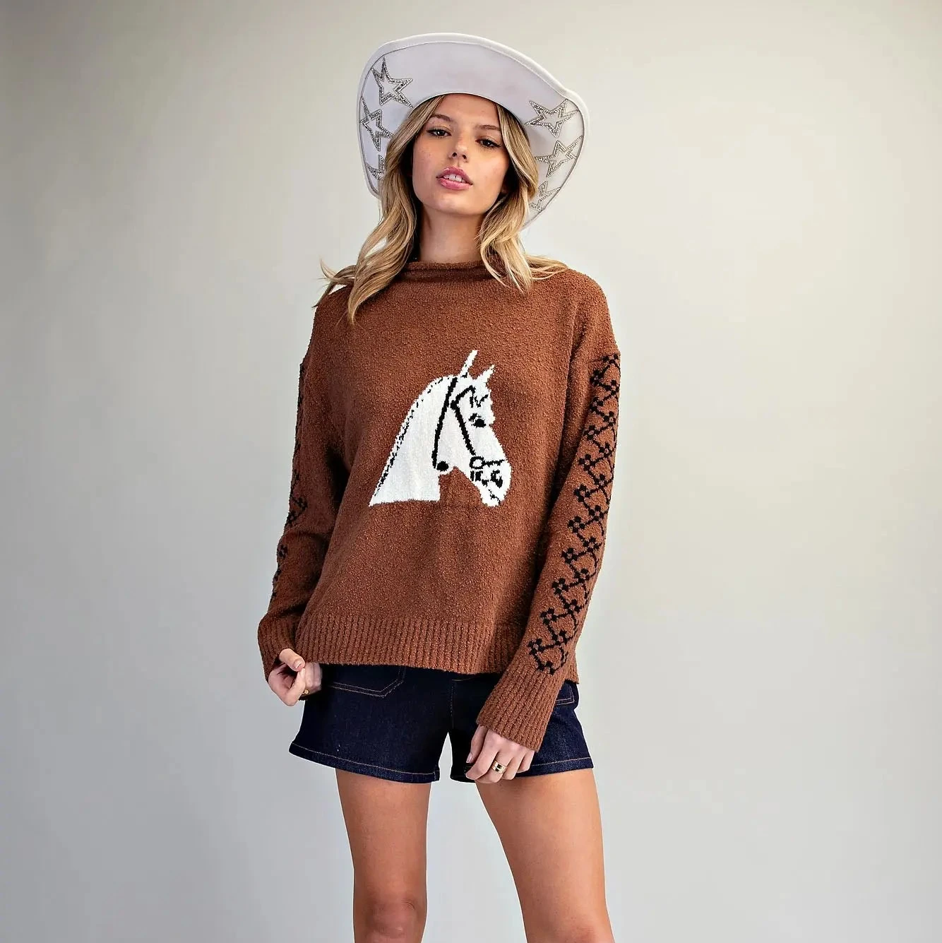 Horse Head Rolled Mock Neck Sweater- Brown Sugar