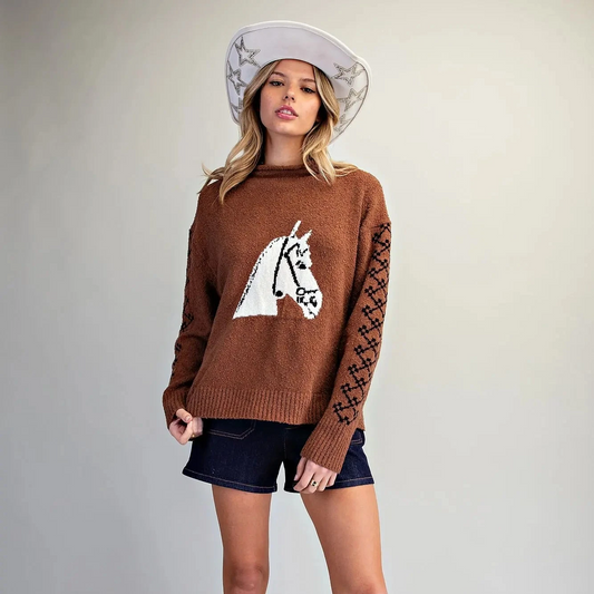Horse Head Rolled Mock Neck Sweater- Brown Sugar