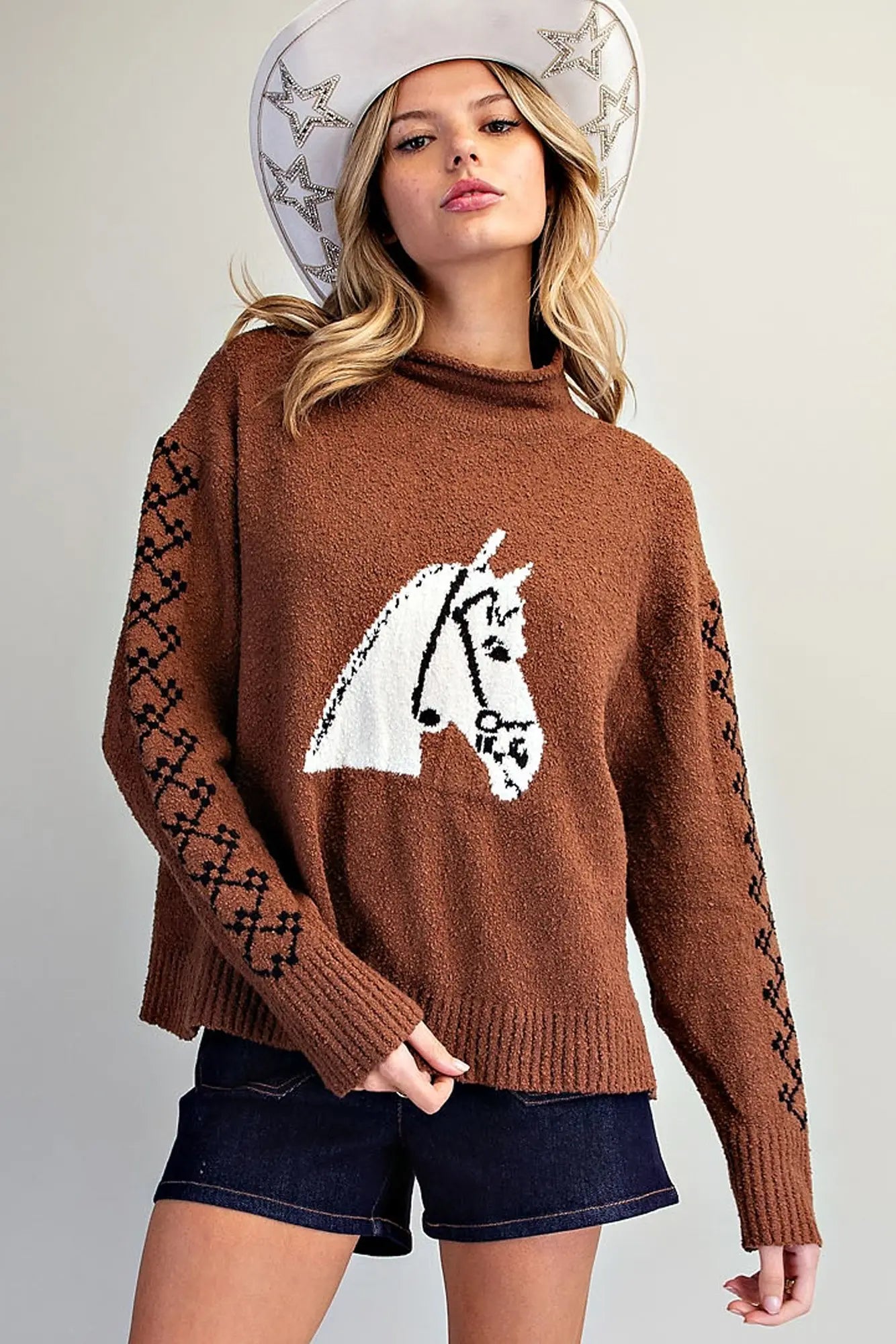 Horse Head Rolled Mock Neck Sweater- Brown Sugar