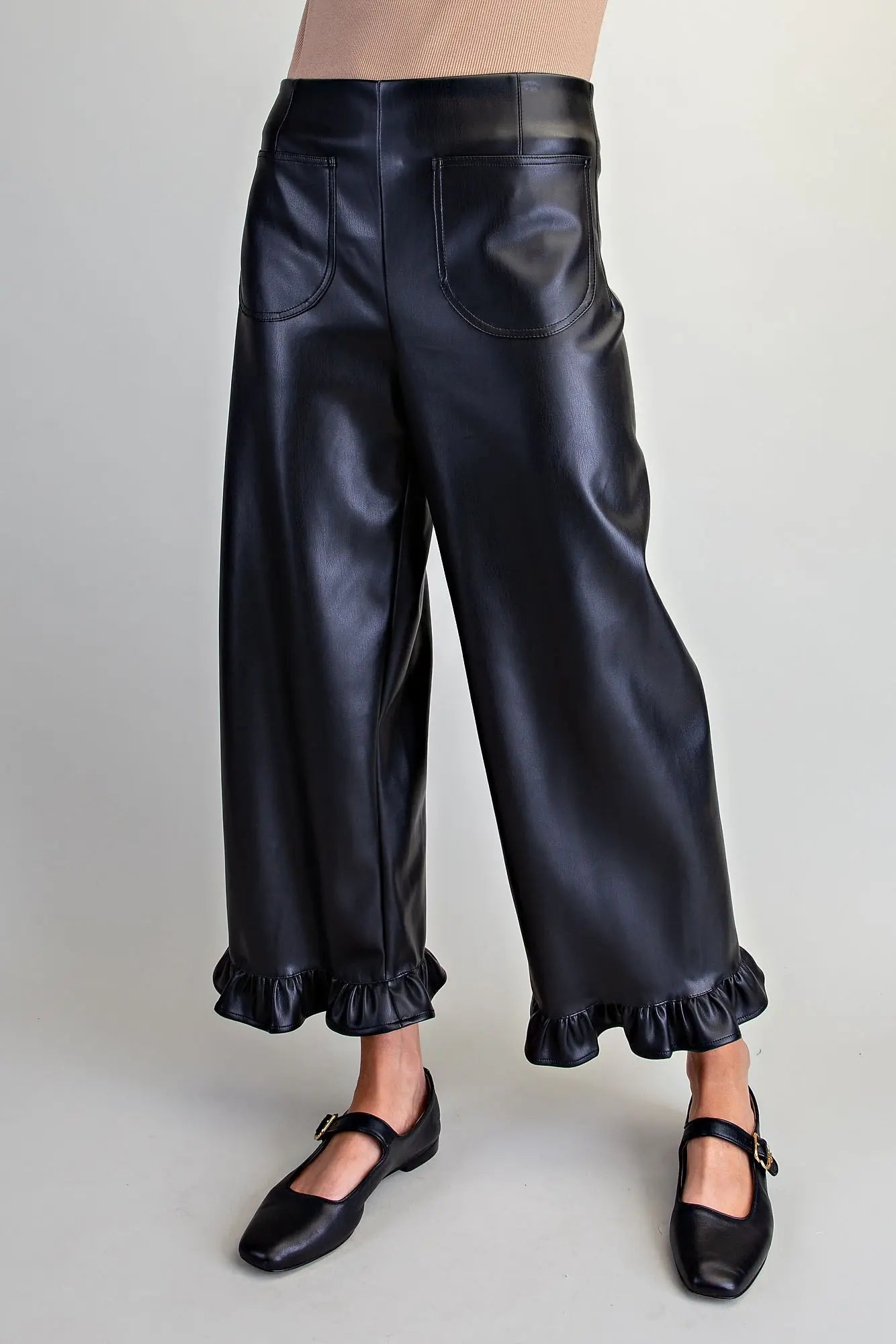 Faux Leather Ruffled Hem Pants