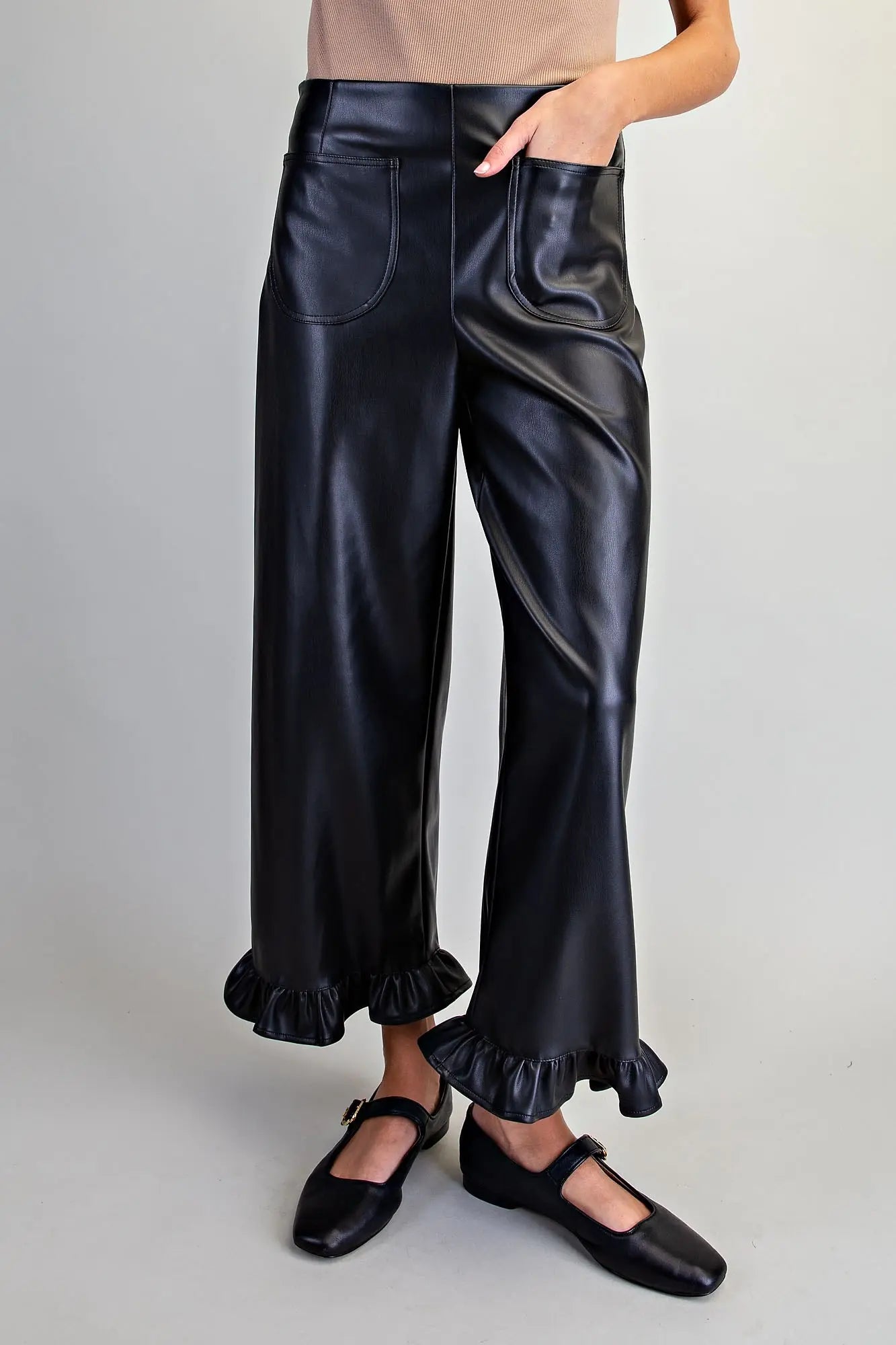 Faux Leather Ruffled Hem Pants