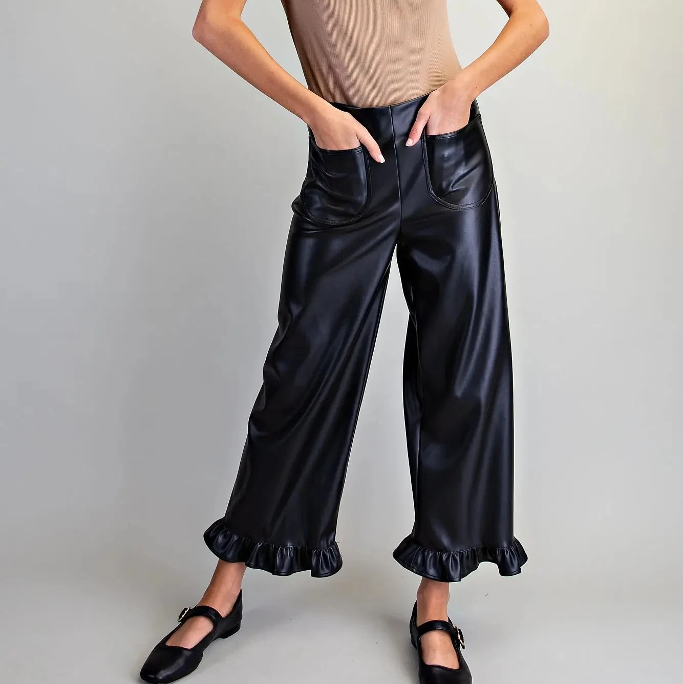 Faux Leather Ruffled Hem Pants
