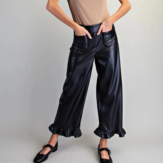 Faux Leather Ruffled Hem Pants