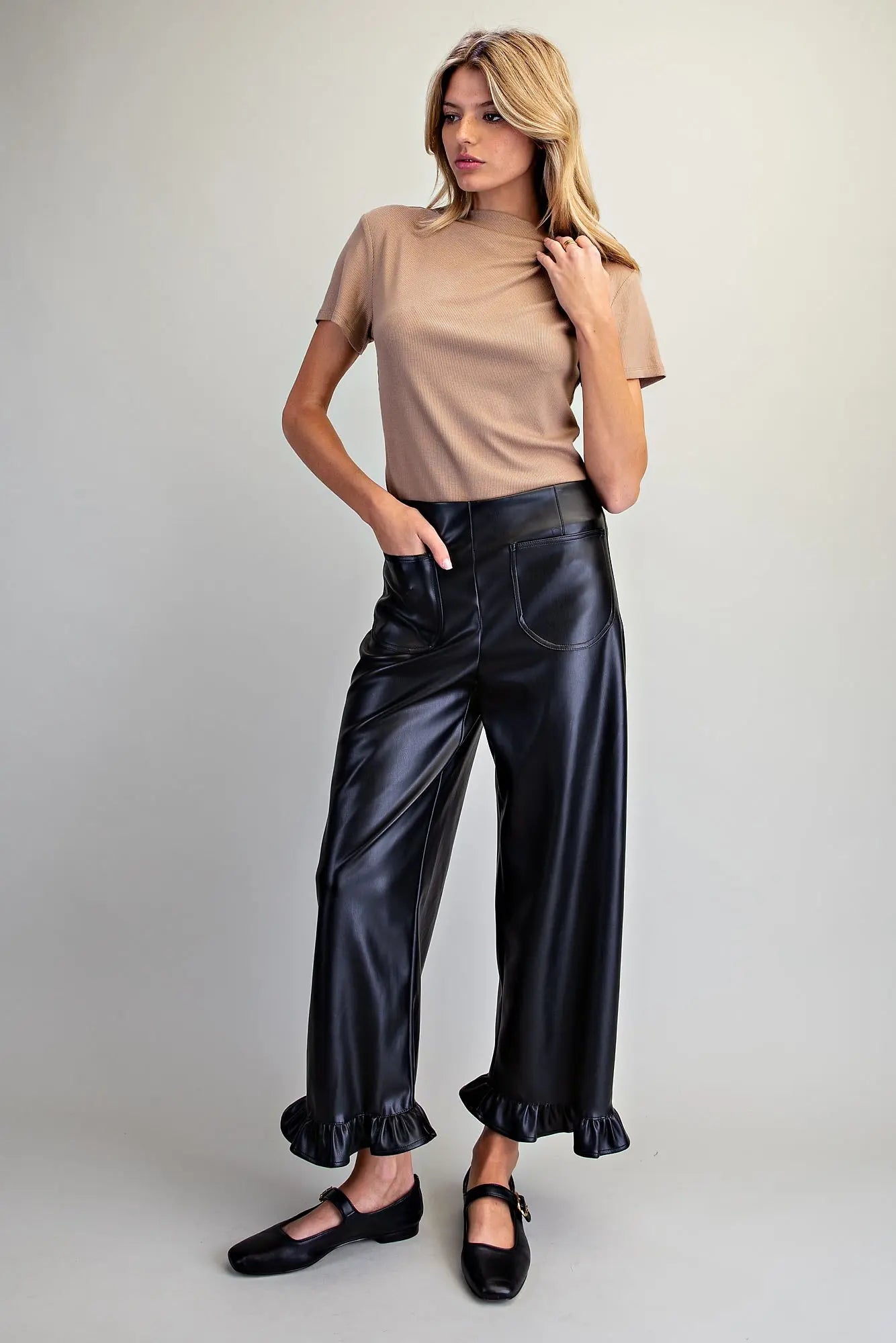 Faux Leather Ruffled Hem Pants