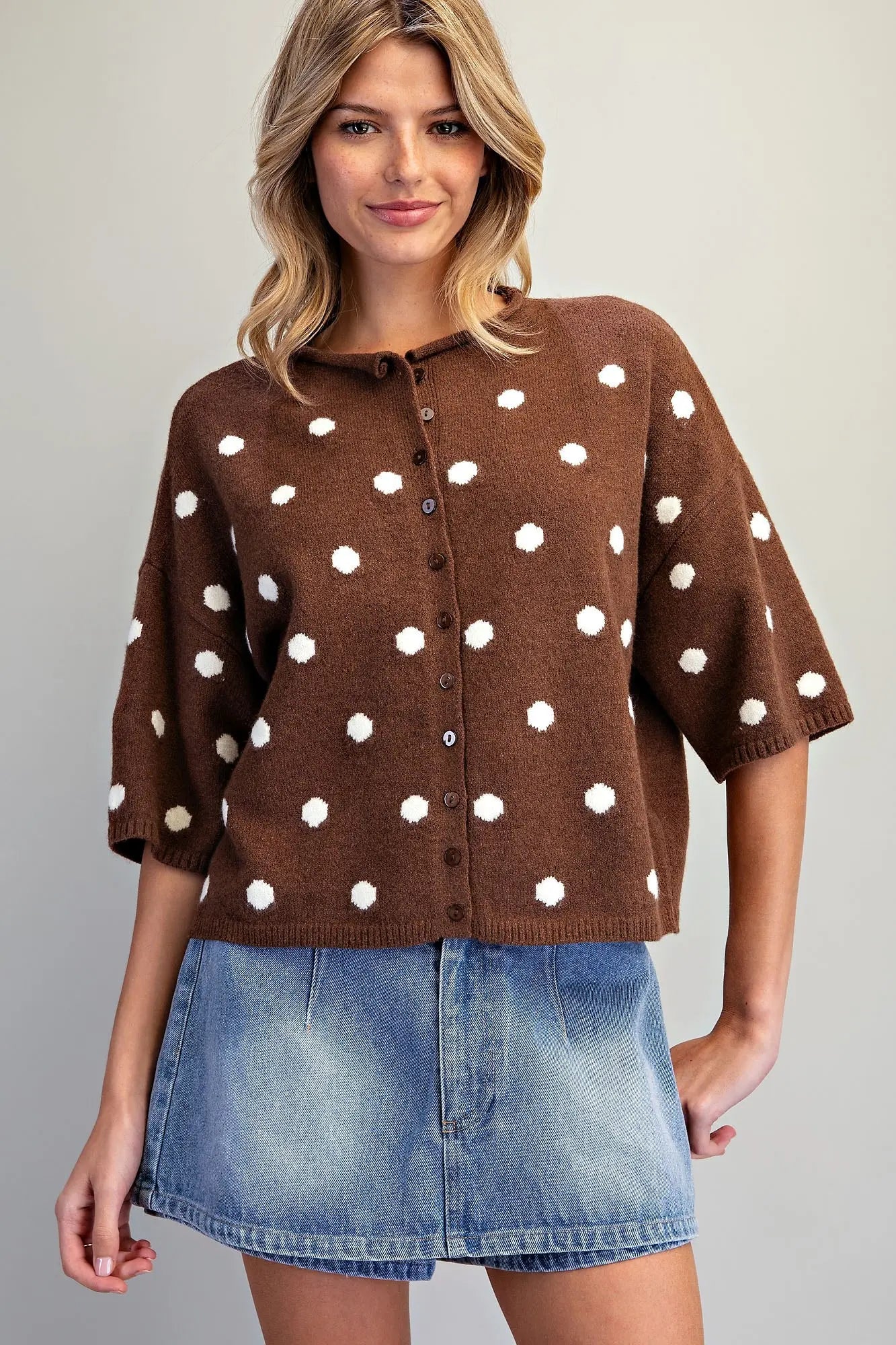 Polka Dot Short Sleeve Knit Cardigan