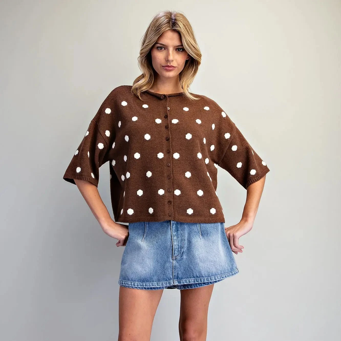 Polka Dot Short Sleeve Knit Cardigan