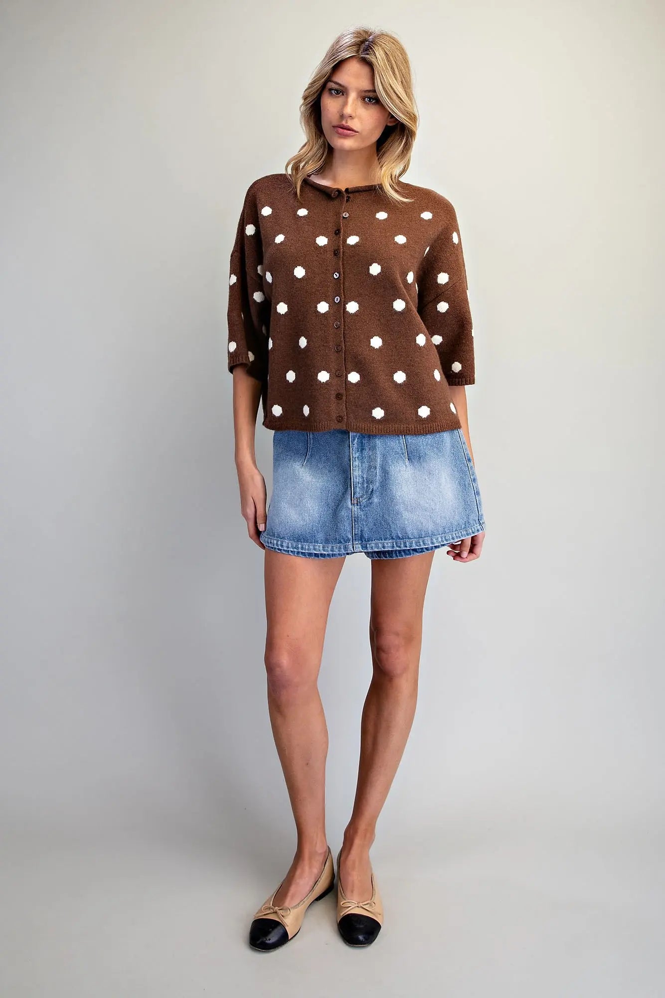Polka Dot Short Sleeve Knit Cardigan
