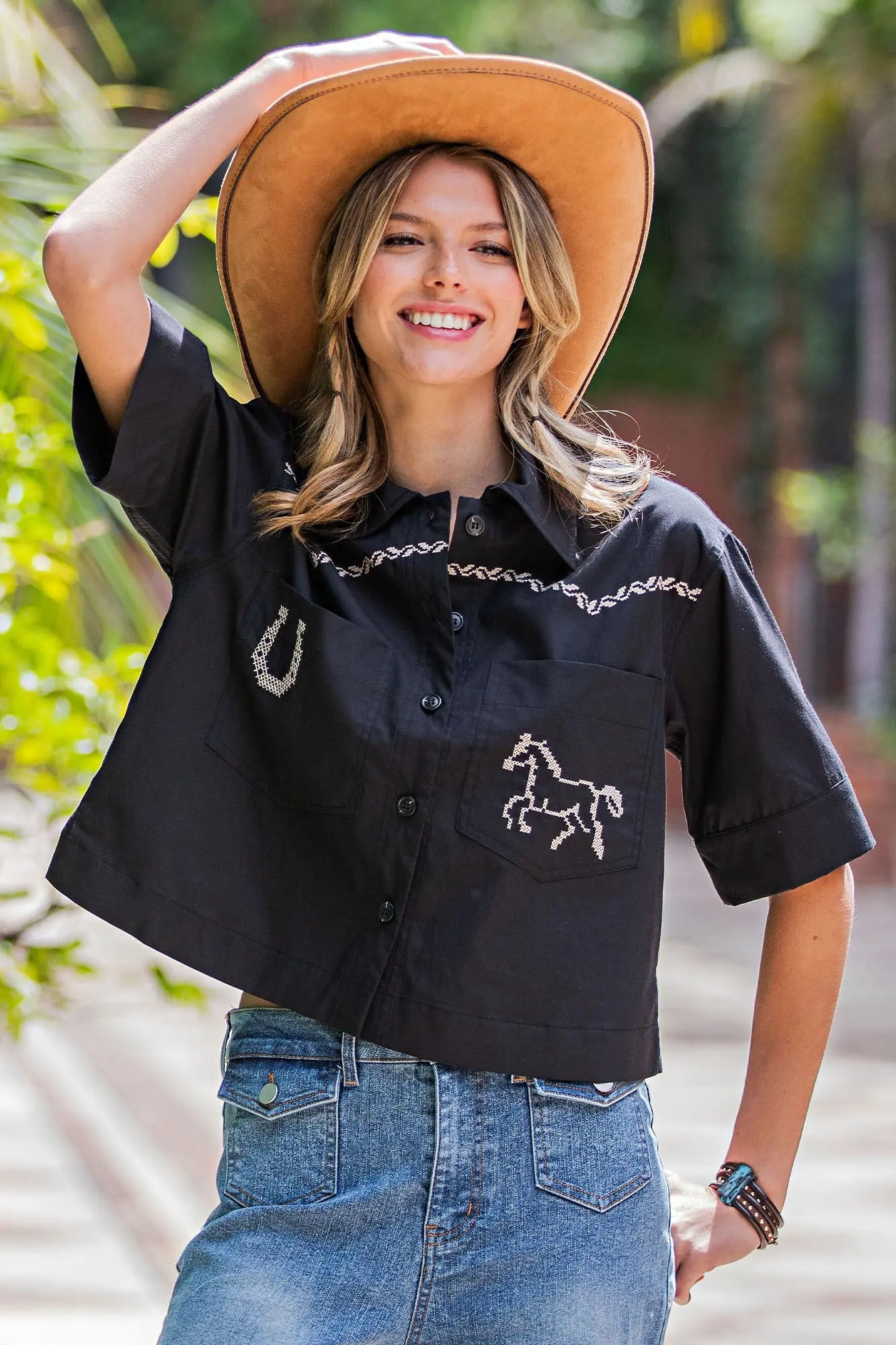 Black Western Embroidered Button Down Crop Top