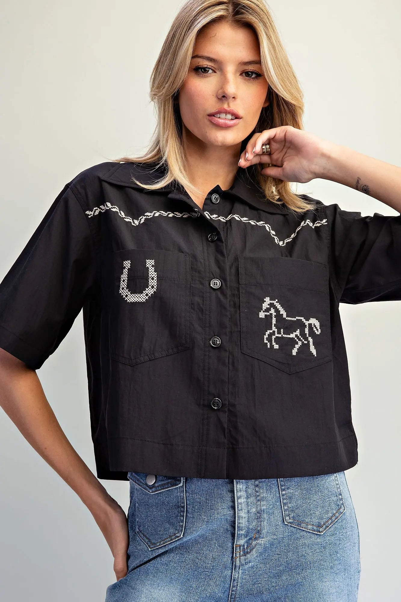 Black Western Embroidered Button Down Crop Top