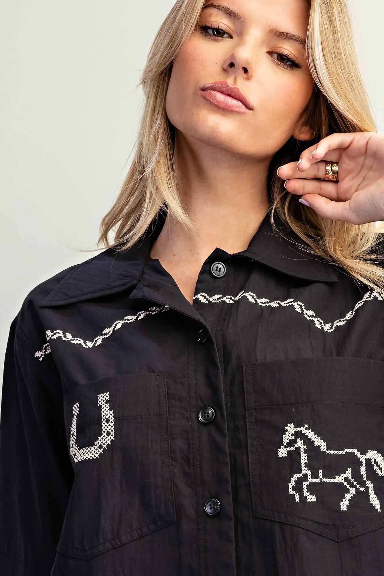 Black Western Embroidered Button Down Crop Top