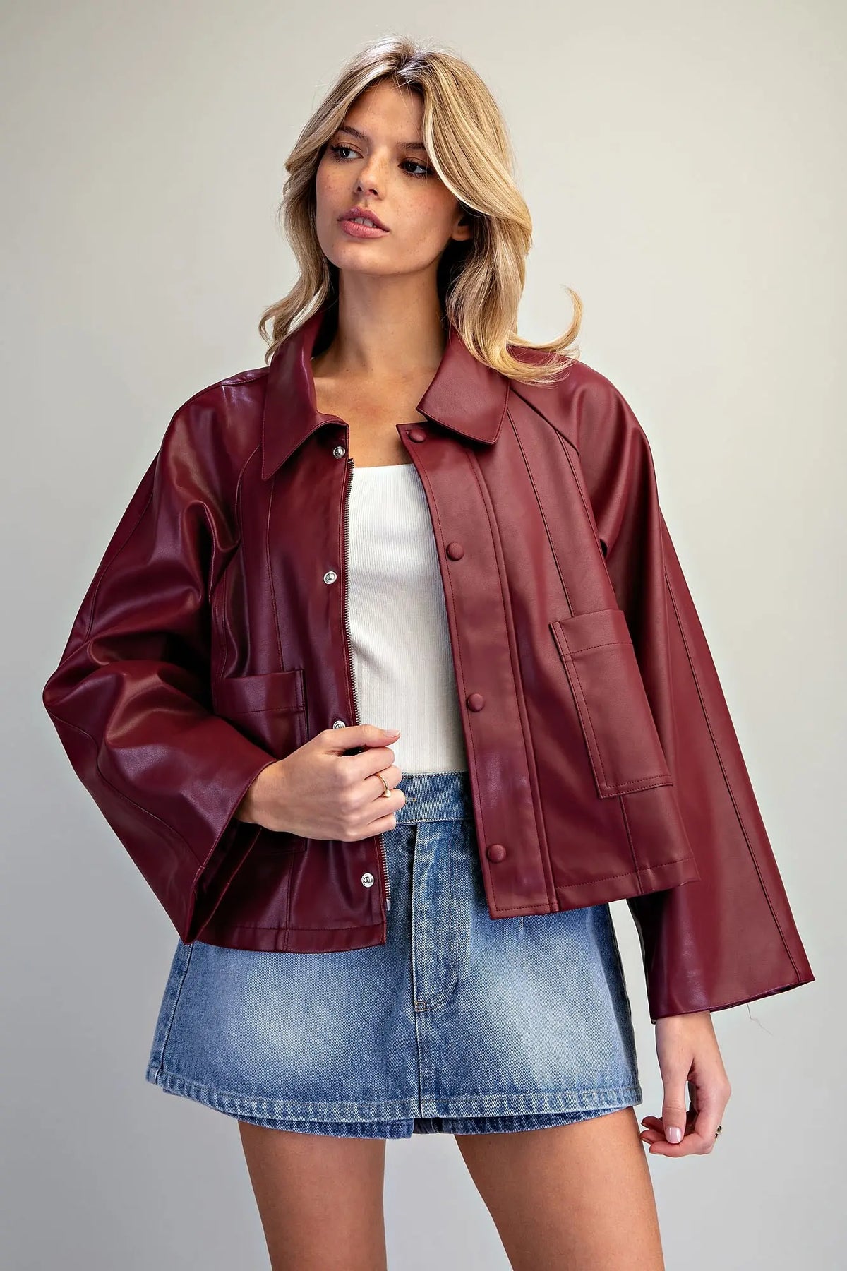 Faux Leather Button Zip Up Jacket- Cabernet
