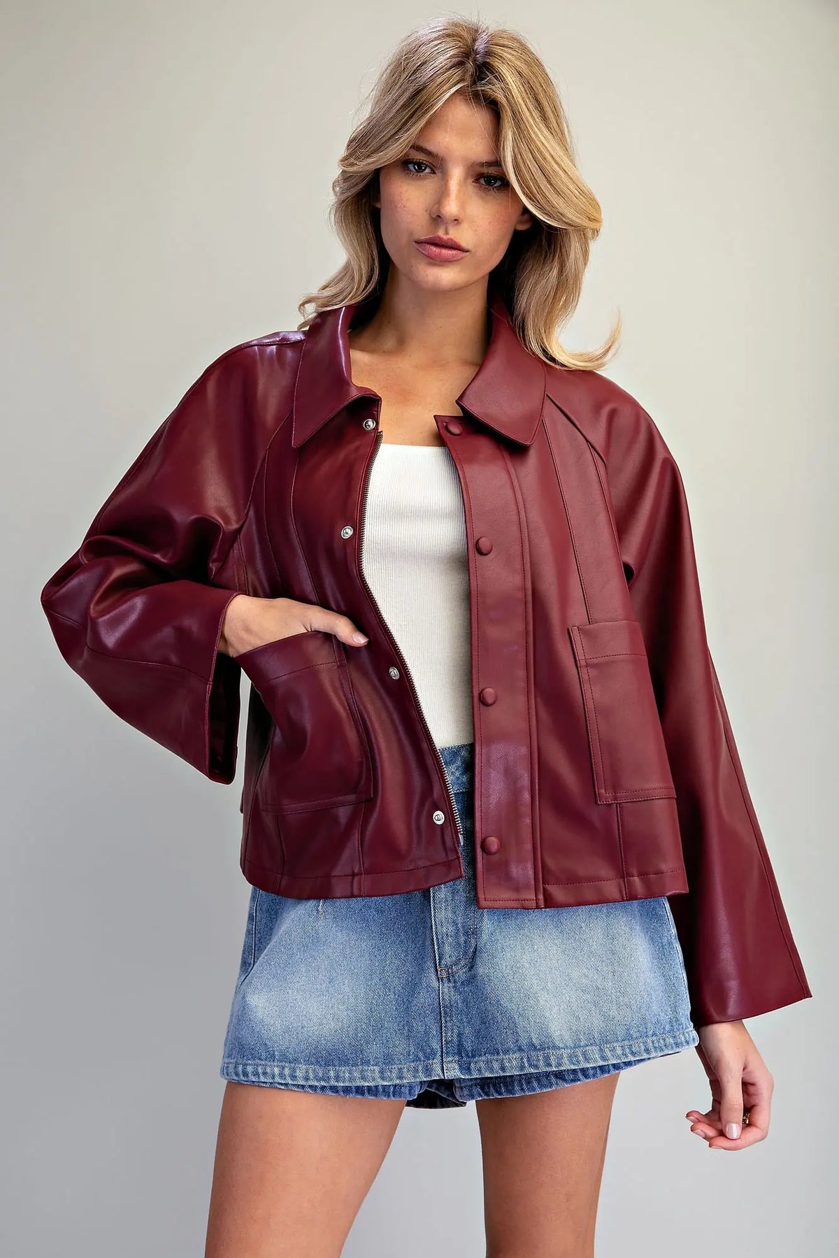 Faux Leather Button Zip Up Jacket- Cabernet