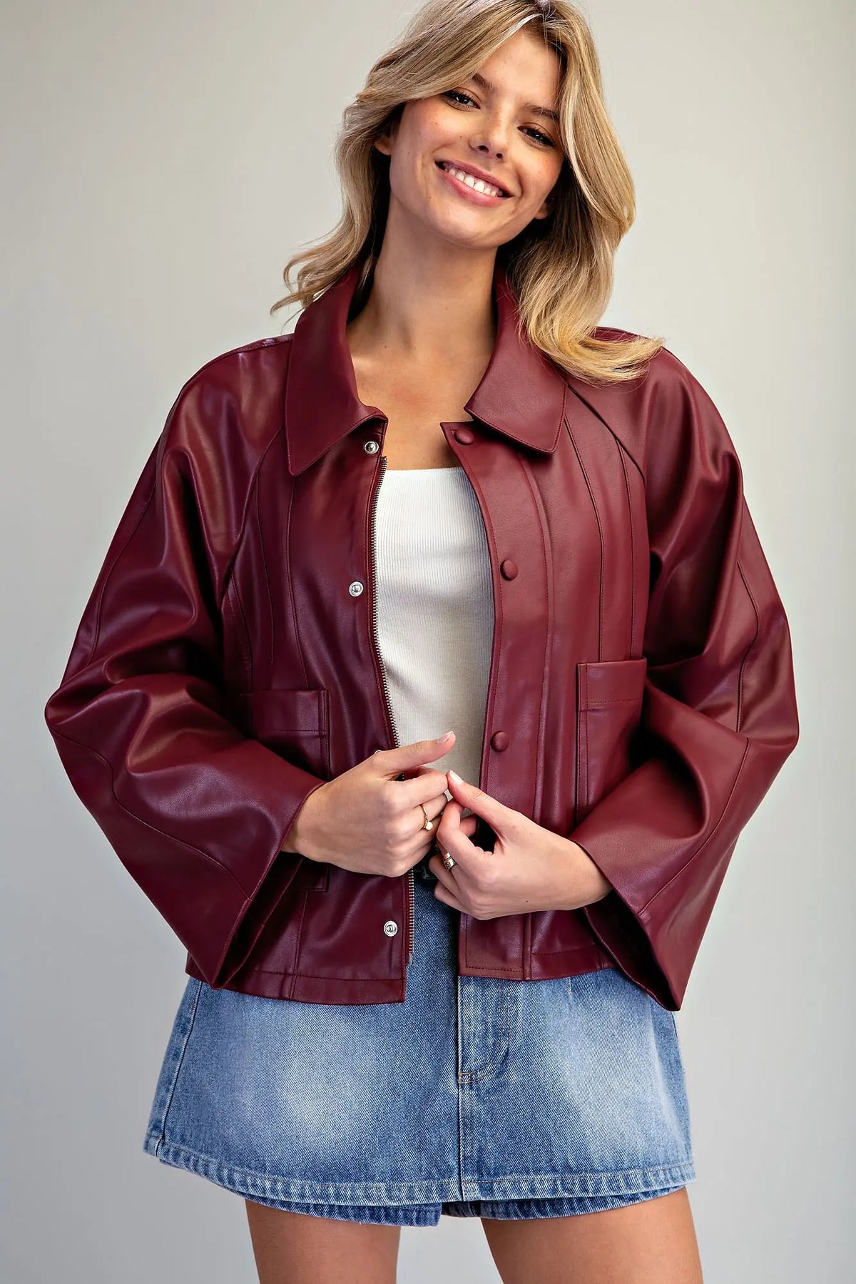 Faux Leather Button Zip Up Jacket- Cabernet
