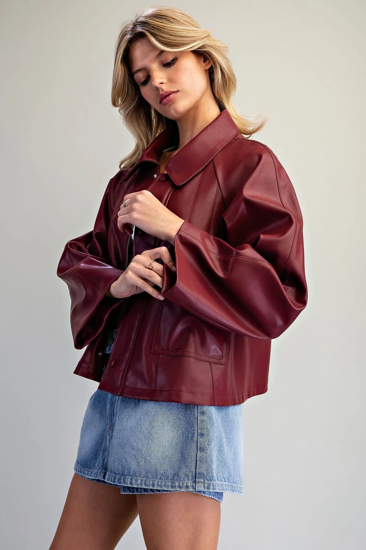 Faux Leather Button Zip Up Jacket- Cabernet