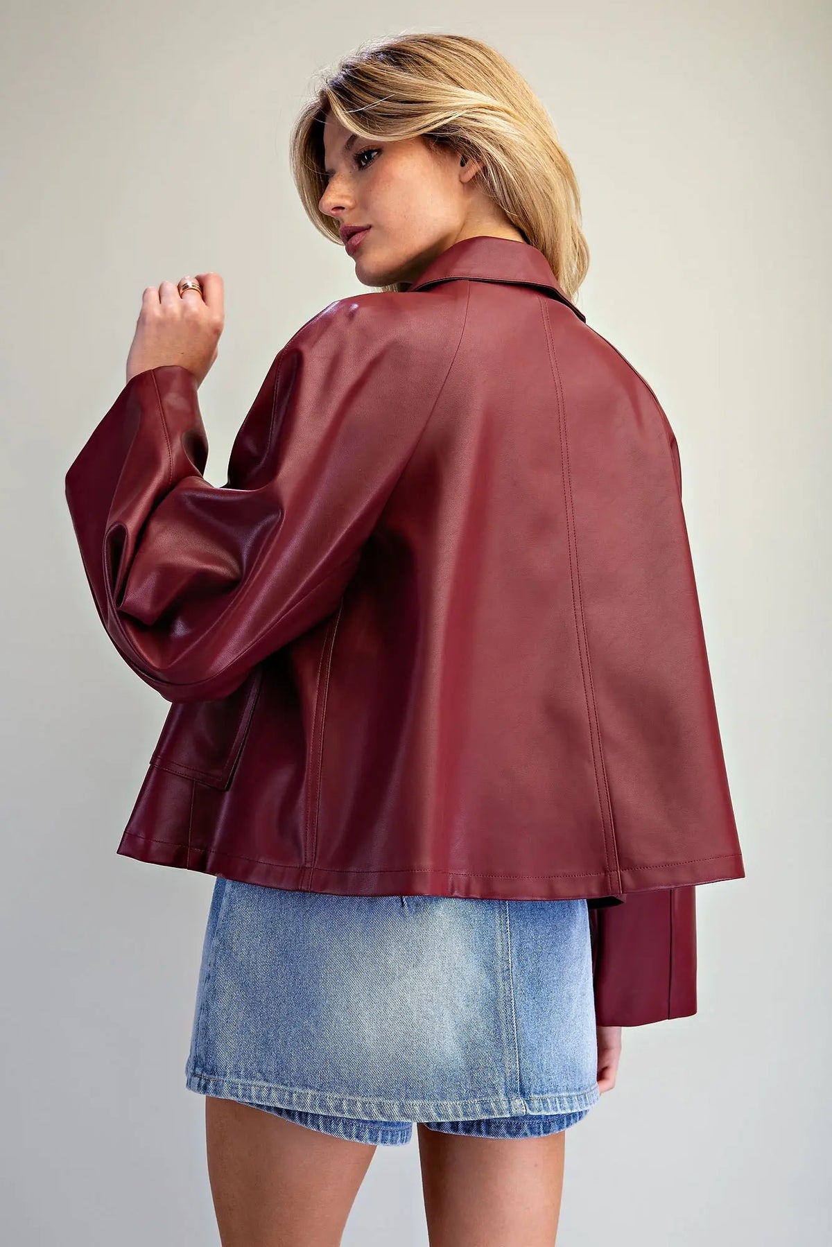 Faux Leather Button Zip Up Jacket- Cabernet