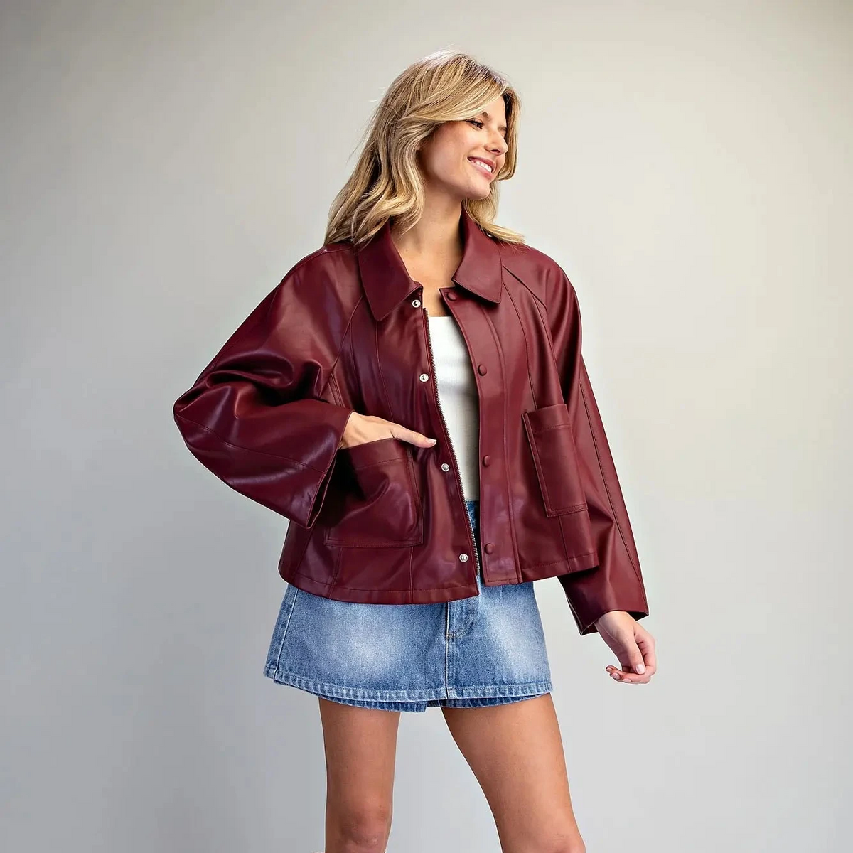 Faux Leather Button Zip Up Jacket- Cabernet
