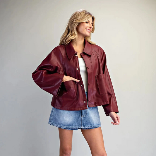 Faux Leather Button Zip Up Jacket- Cabernet