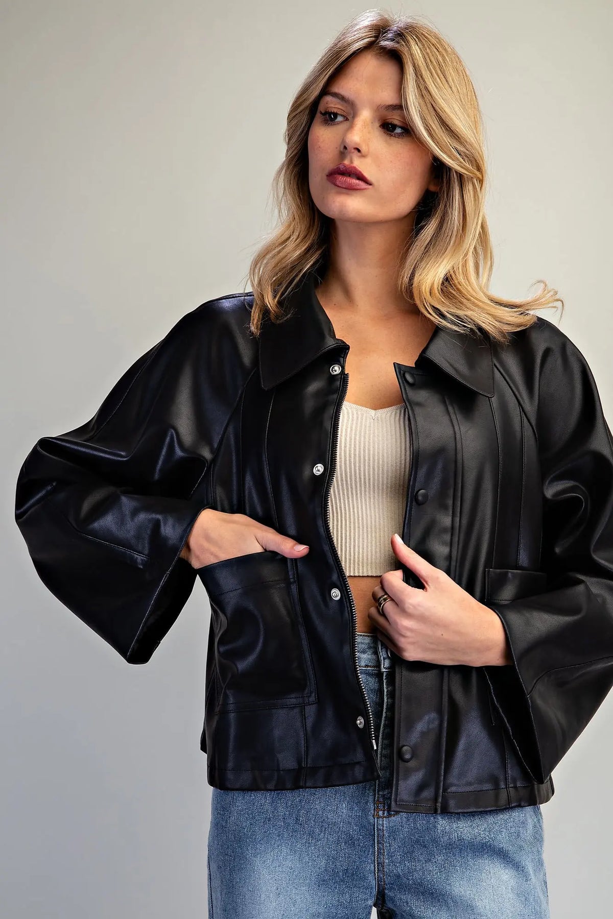 Faux Leather Button Zip Up Jacket- Black