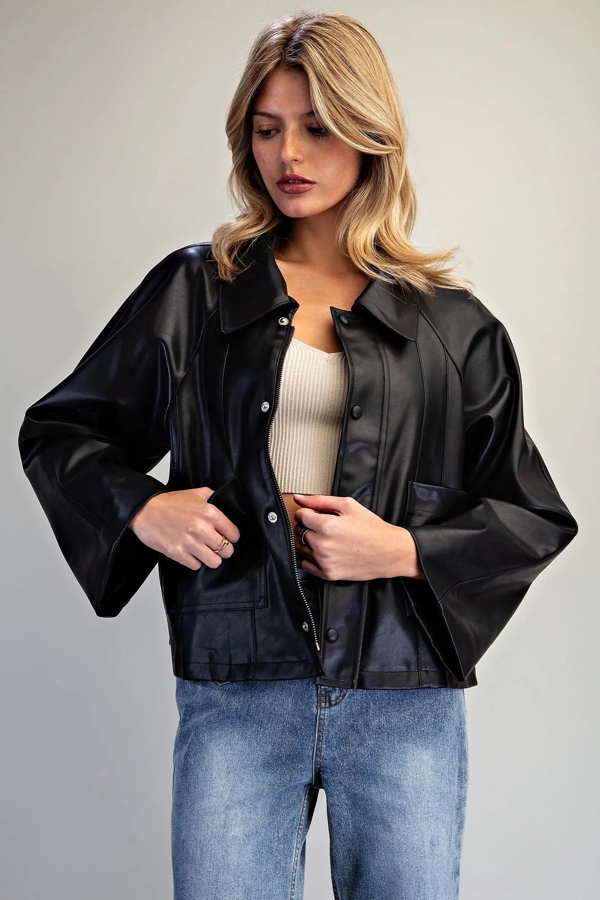 Faux Leather Button Zip Up Jacket- Black