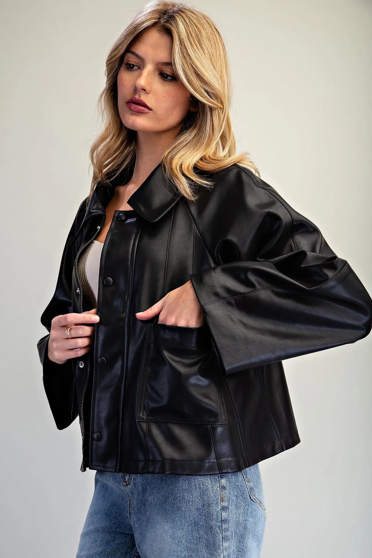 Faux Leather Button Zip Up Jacket- Black