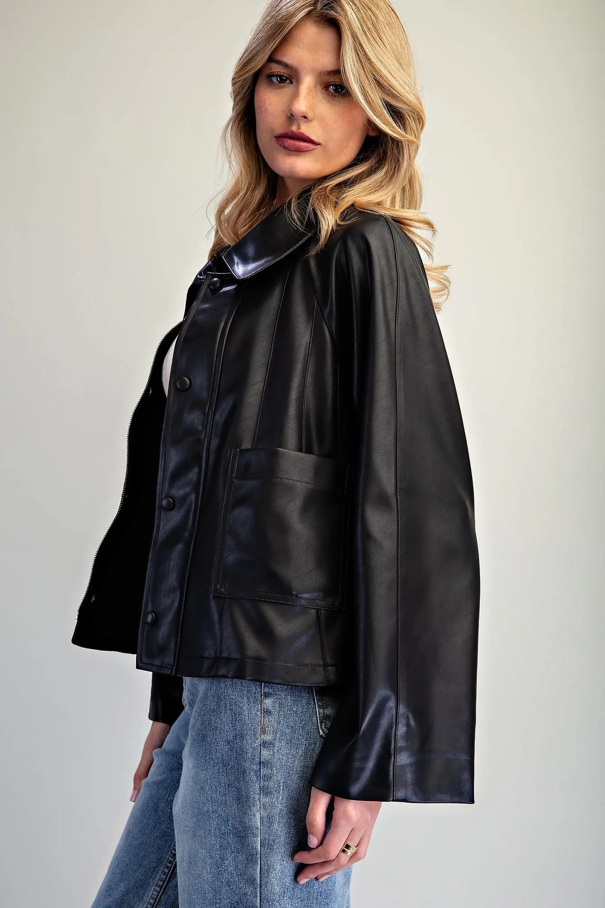 Faux Leather Button Zip Up Jacket- Black