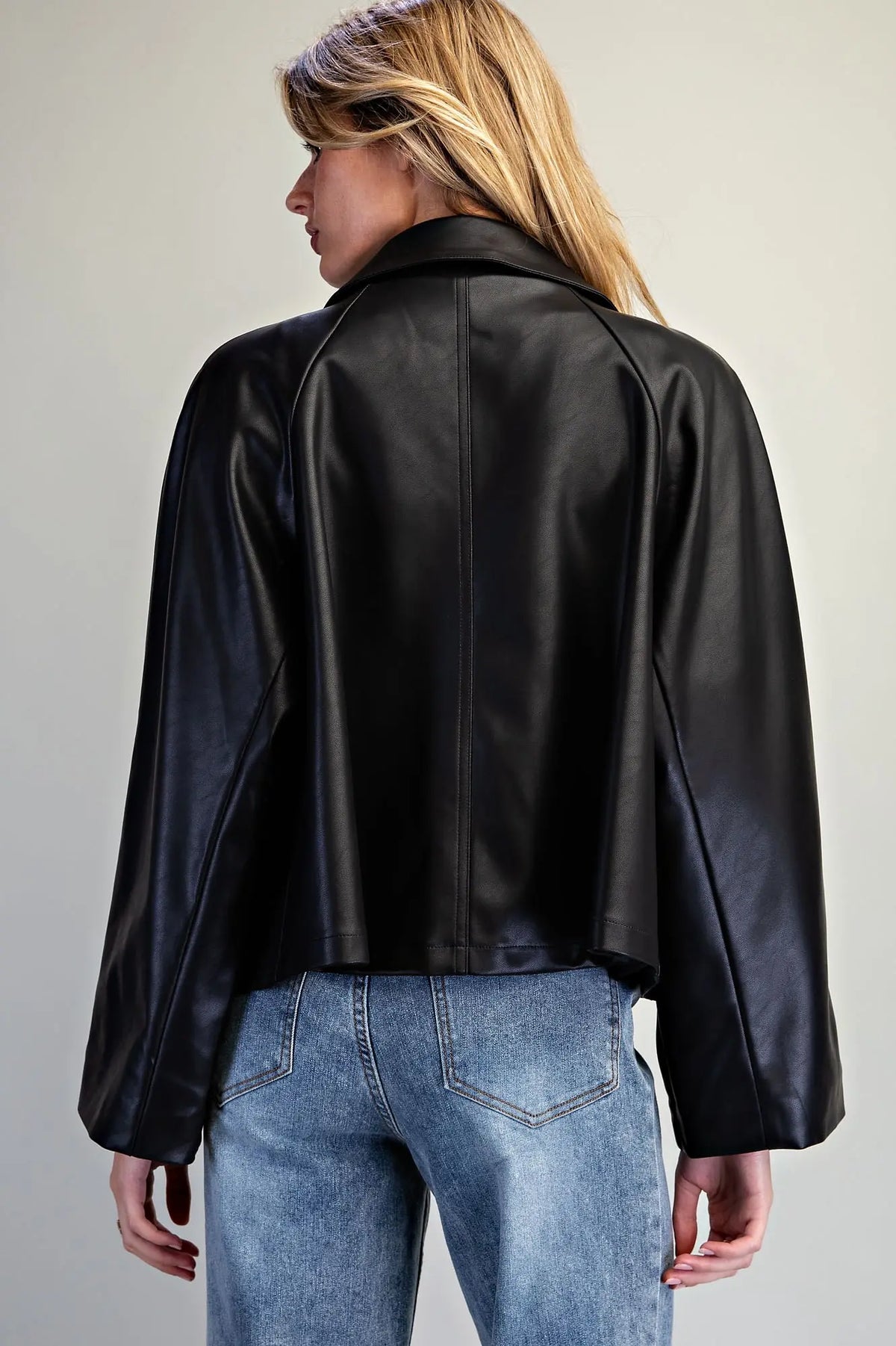 Faux Leather Button Zip Up Jacket- Black