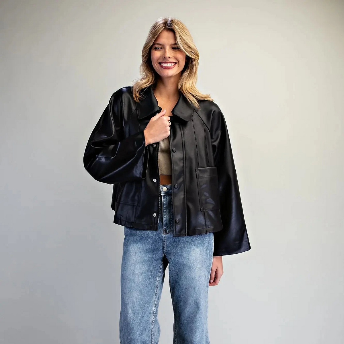 Faux Leather Button Zip Up Jacket- Black
