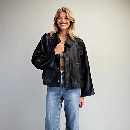 Faux Leather Button Zip Up Jacket- Black