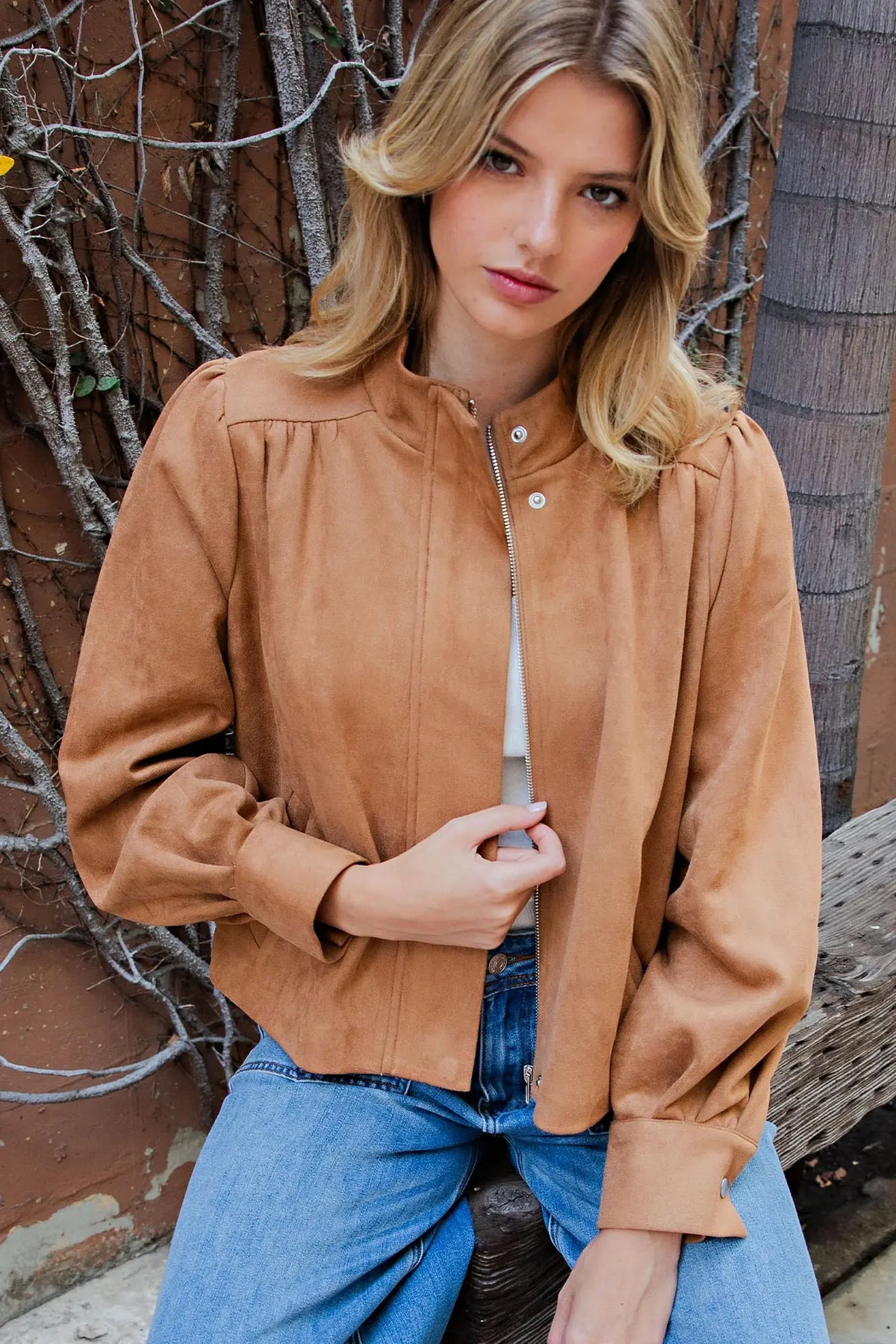 Suede Mock Neck Zip Up Jacket
