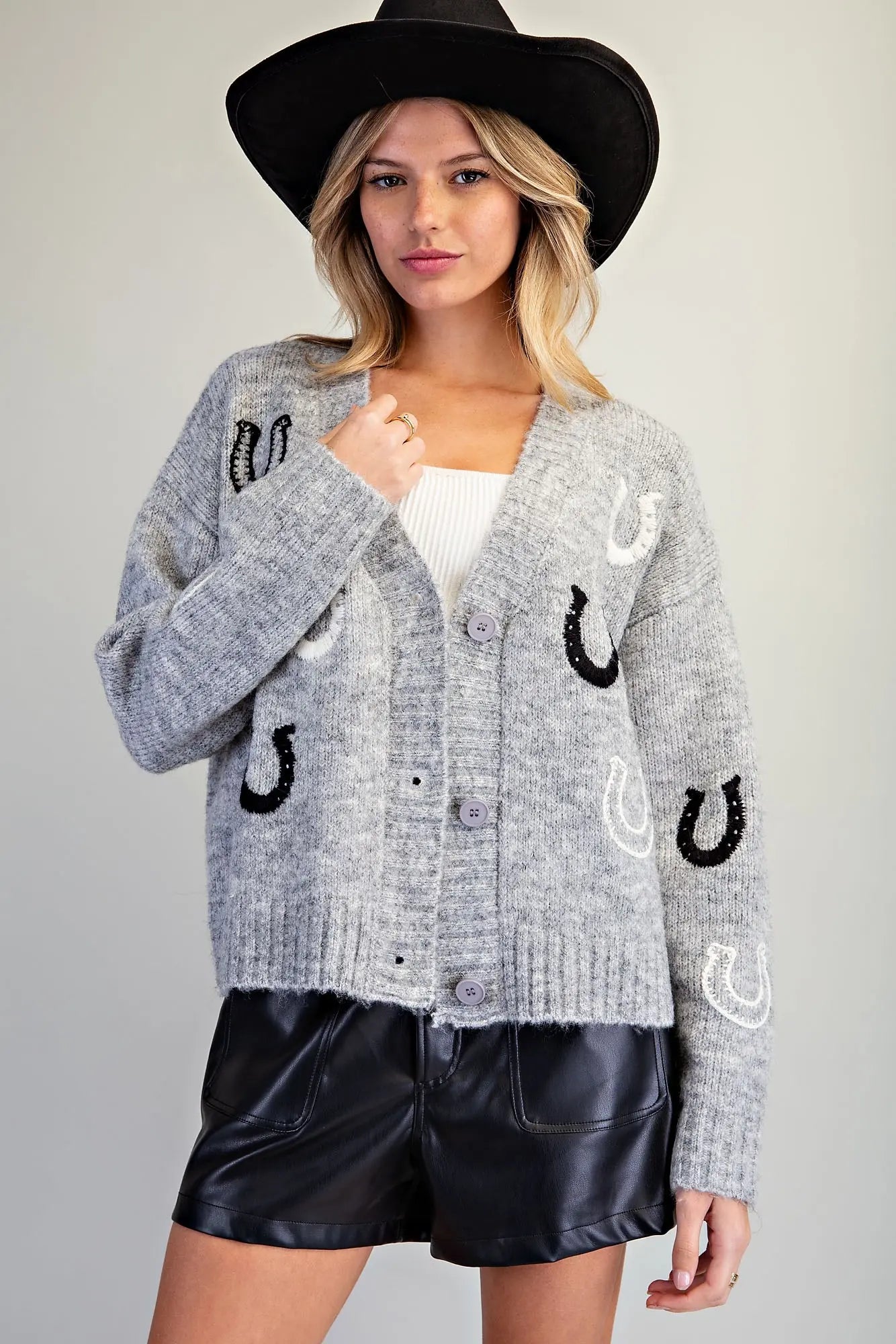Grey Horseshoe Pattern Knit Cardigan
