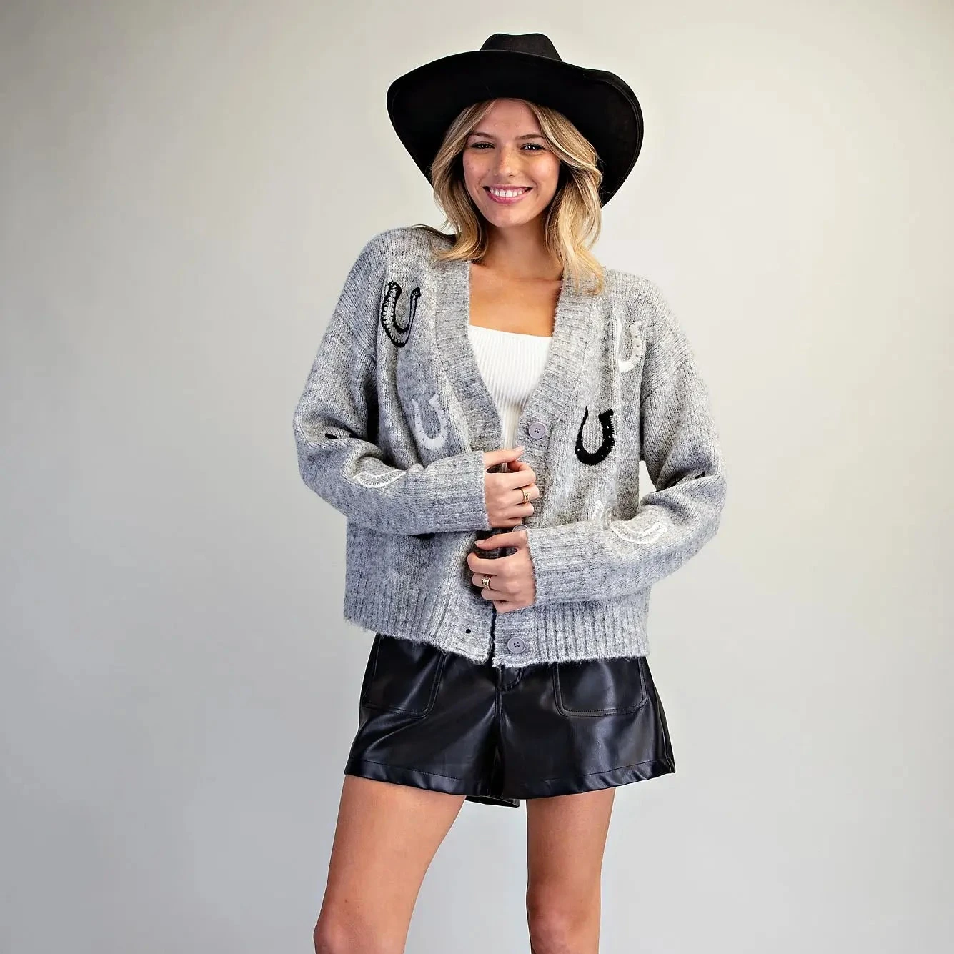 Grey Horseshoe Pattern Knit Cardigan