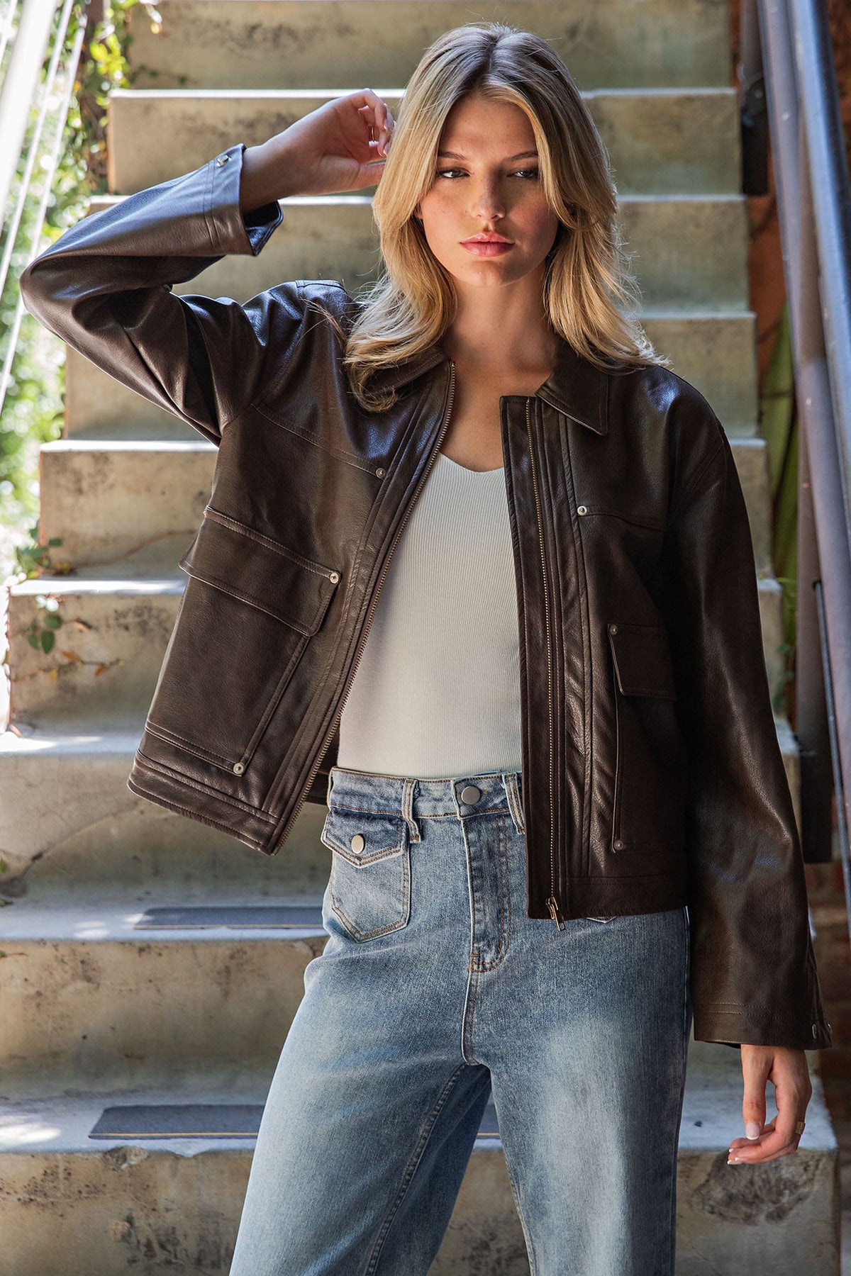 Faux Leather Zip Up Wide Cuff Jacket