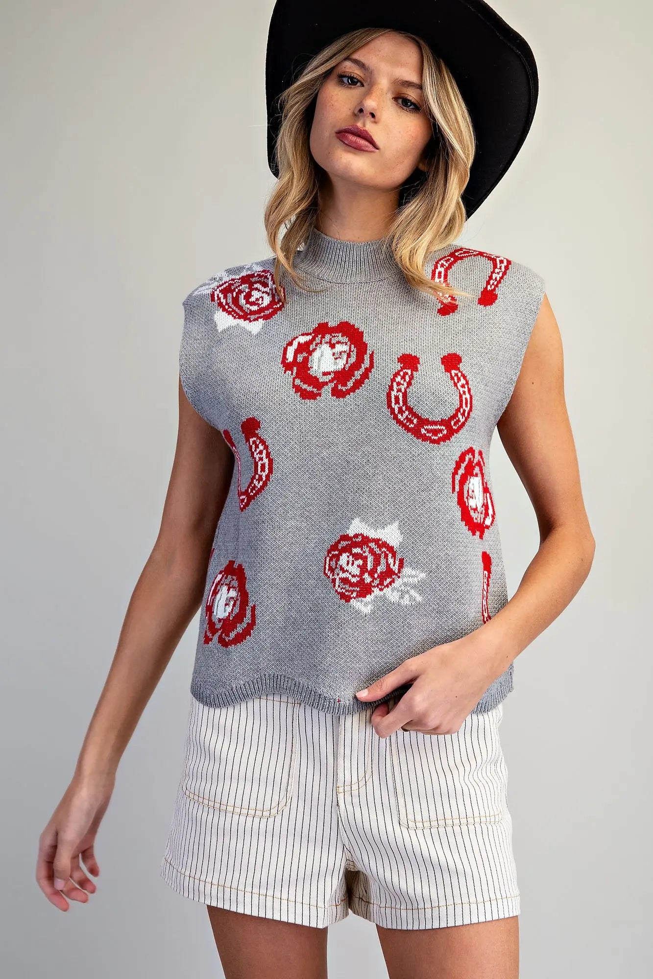 Grey Sleeveless Western Graphic Sweater