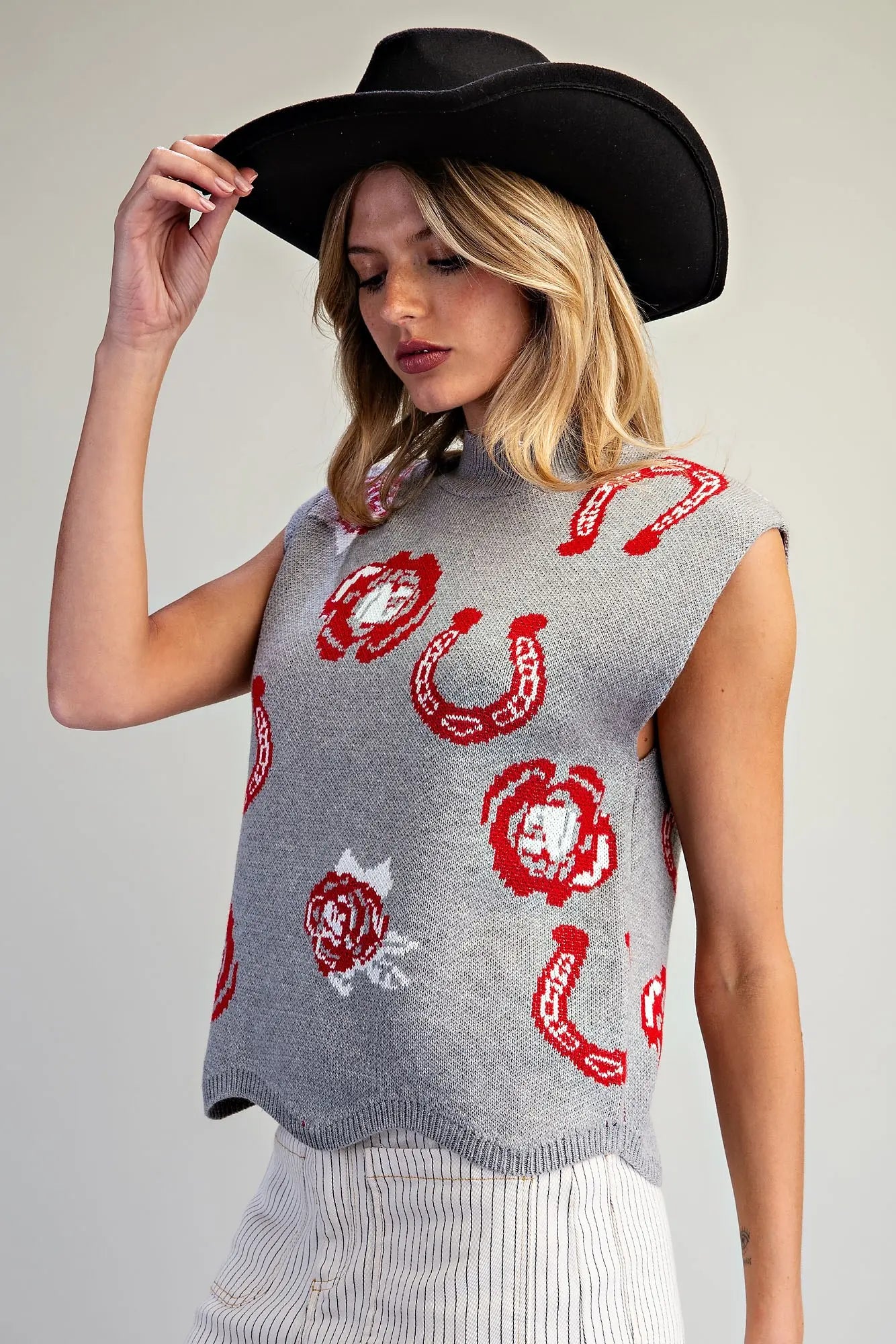 Grey Sleeveless Western Graphic Sweater