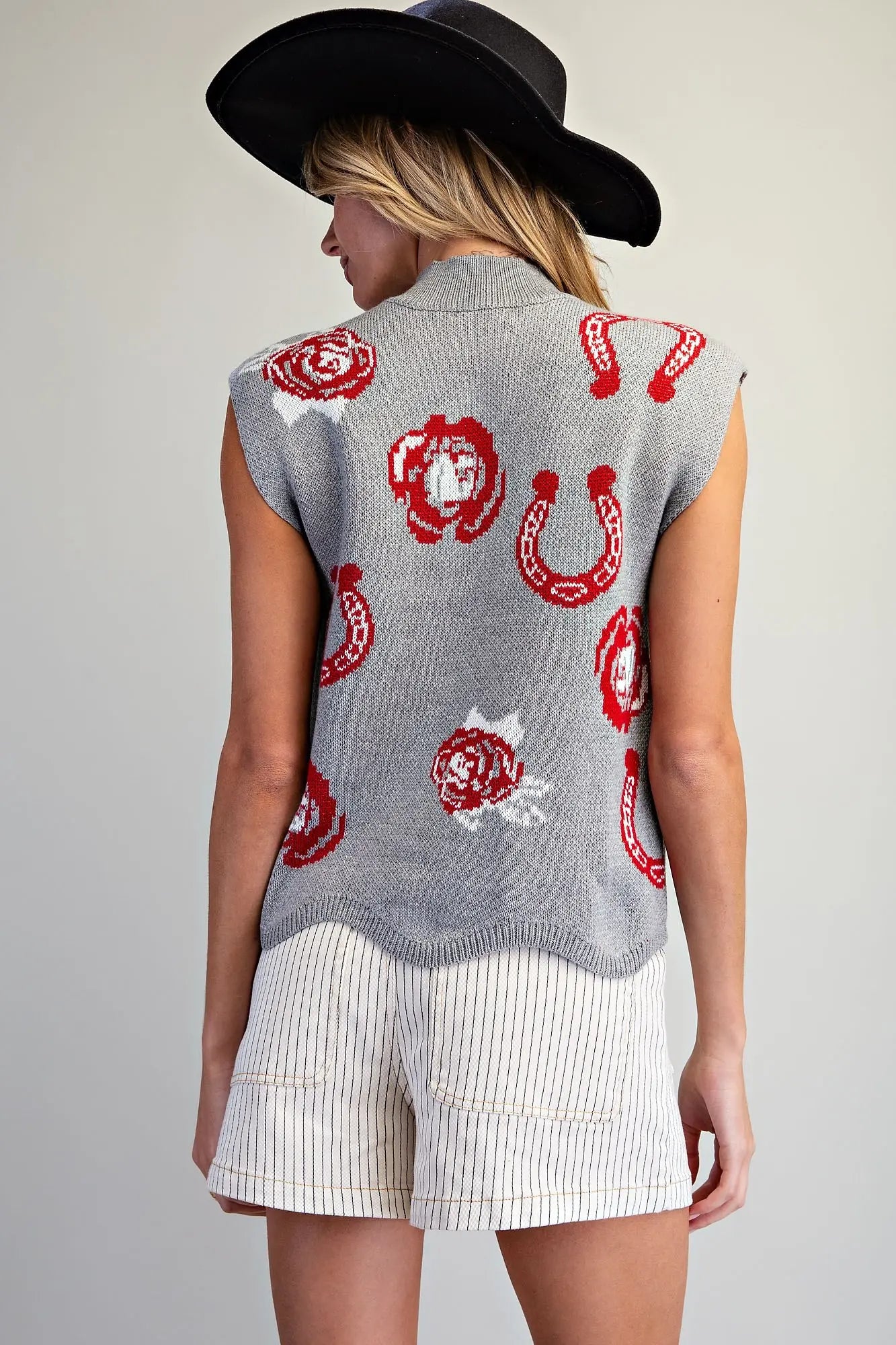 Grey Sleeveless Western Graphic Sweater
