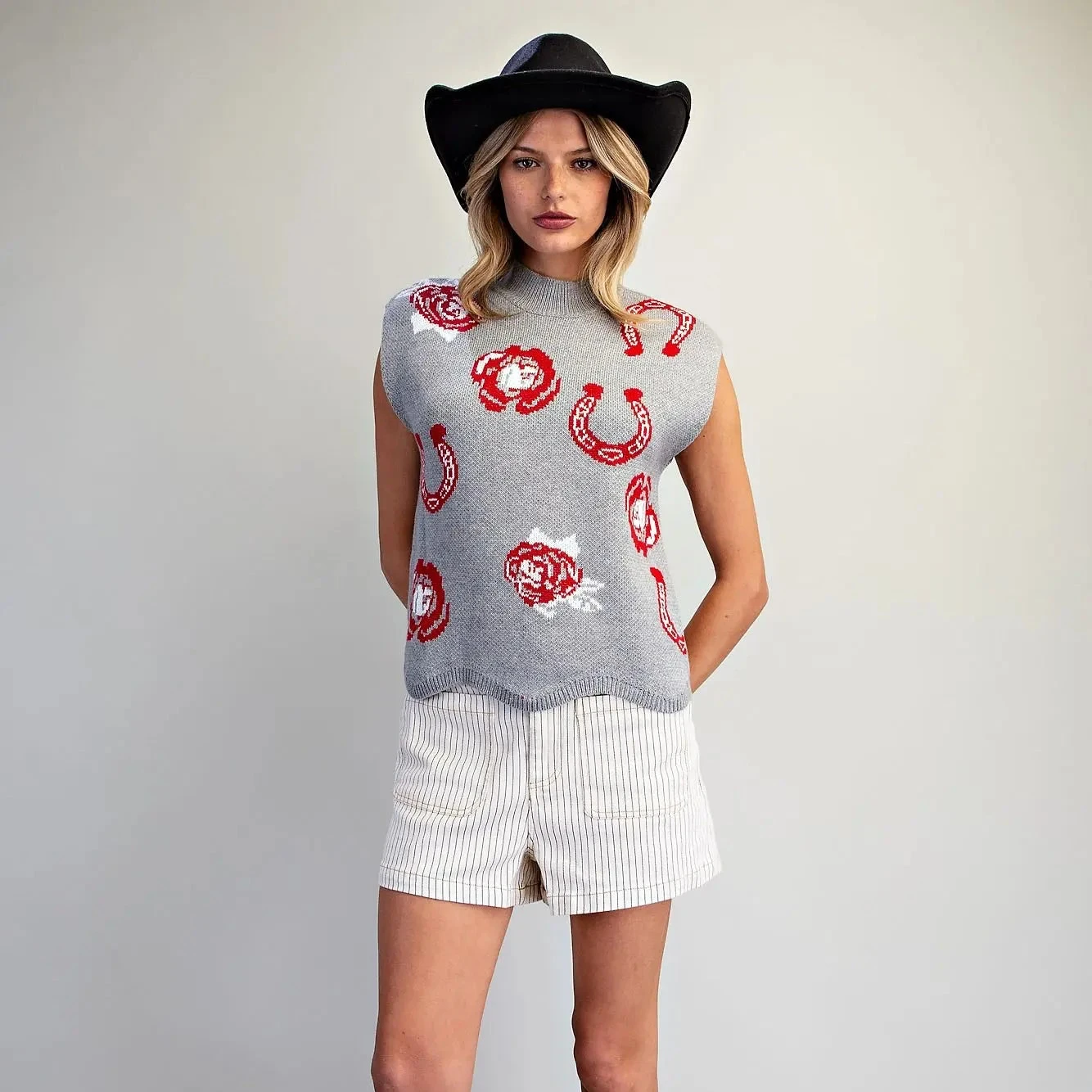 Grey Sleeveless Western Graphic Sweater