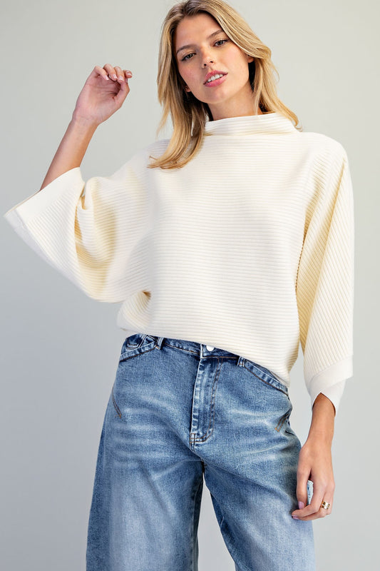 Vanilla Mock Neck Ribbed Knit Sweater