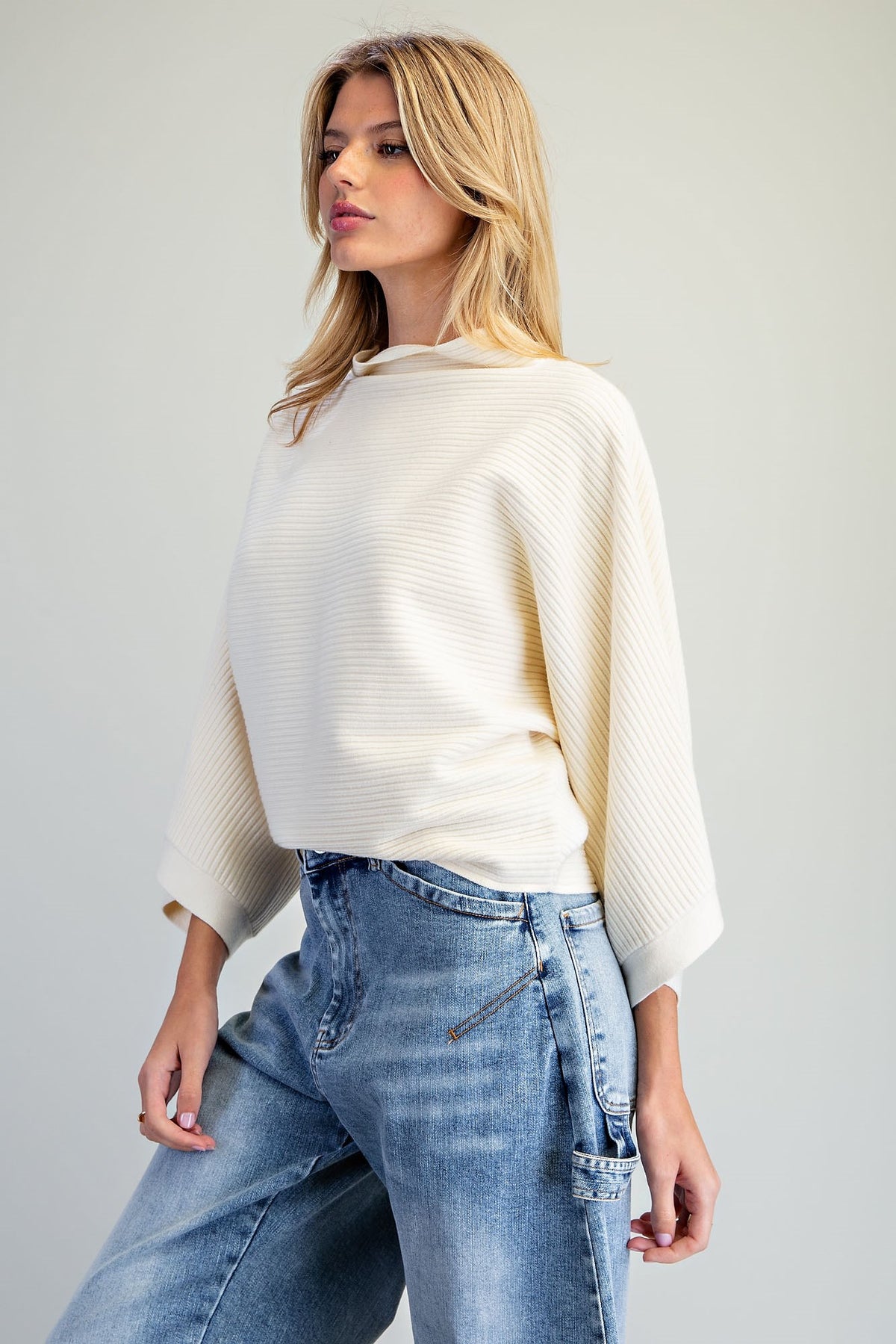 Vanilla Mock Neck Ribbed Knit Sweater