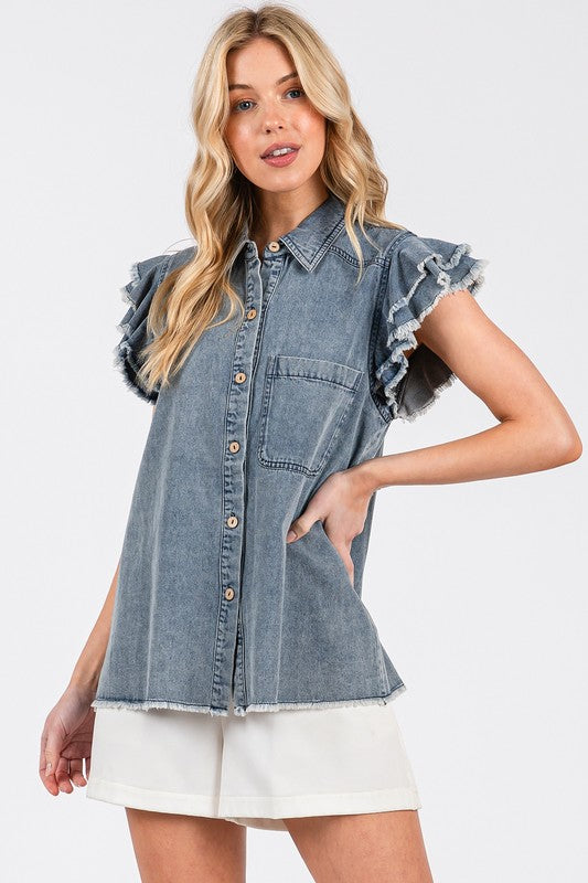 Denim Frayed Ruffled Sleeve Top