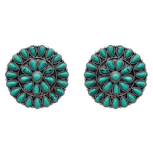 Round Flower Turquoise Post Earrings