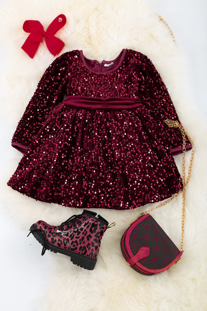 Girls Burgandy Sequined Dress